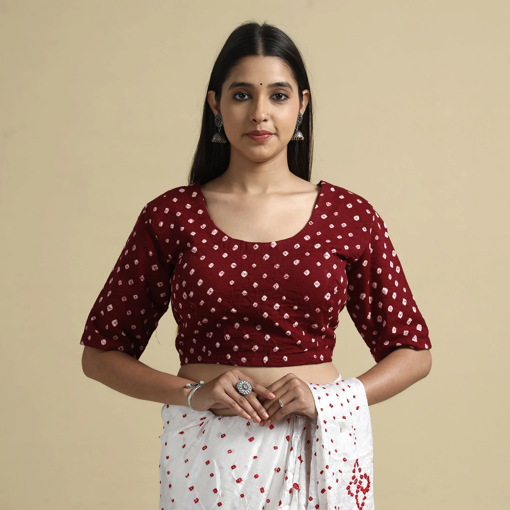 Maroon - Bandhani Tie-Dye Cotton Stitched Blouse - Image 2