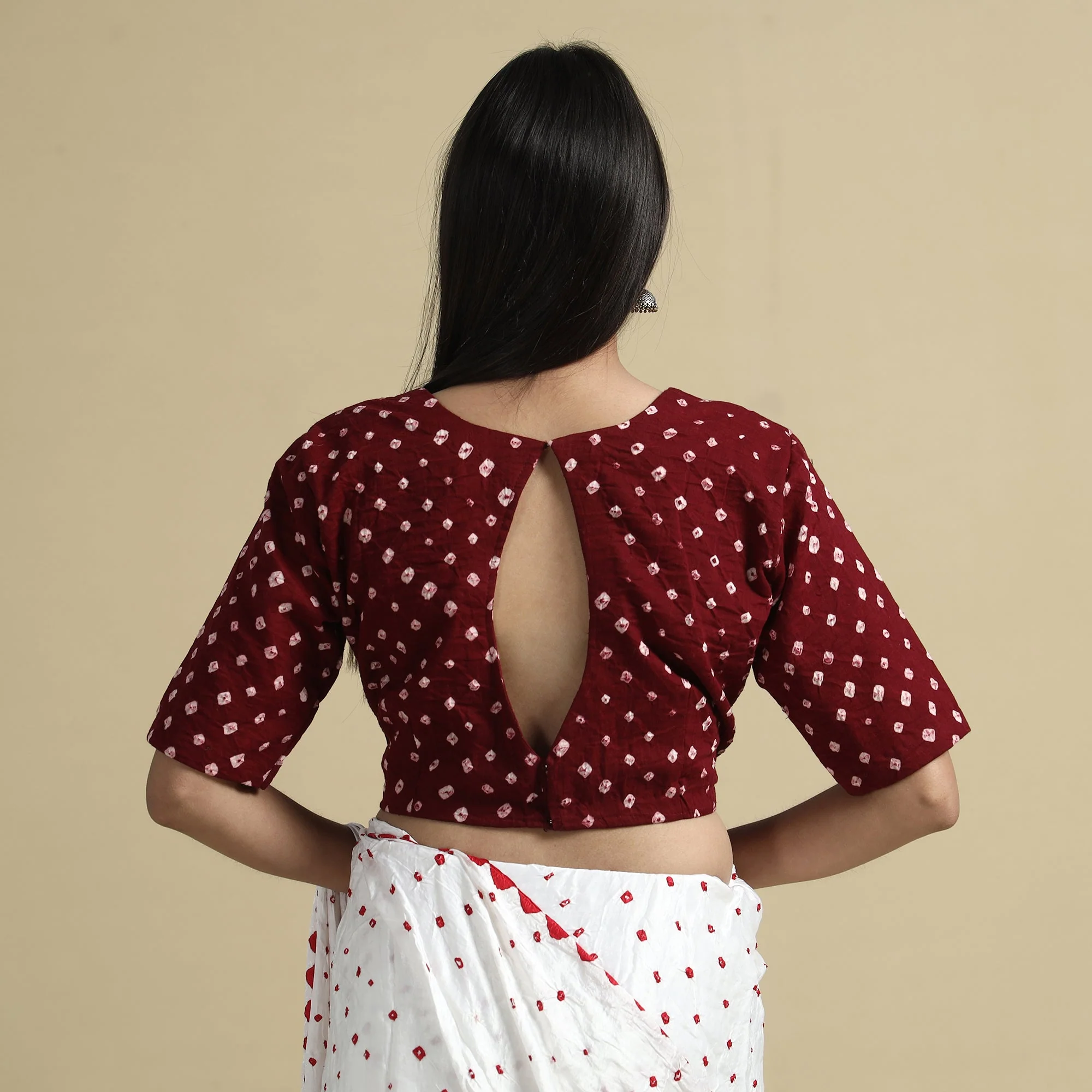 Maroon - Bandhani Tie-Dye Cotton Stitched Blouse - Image 5