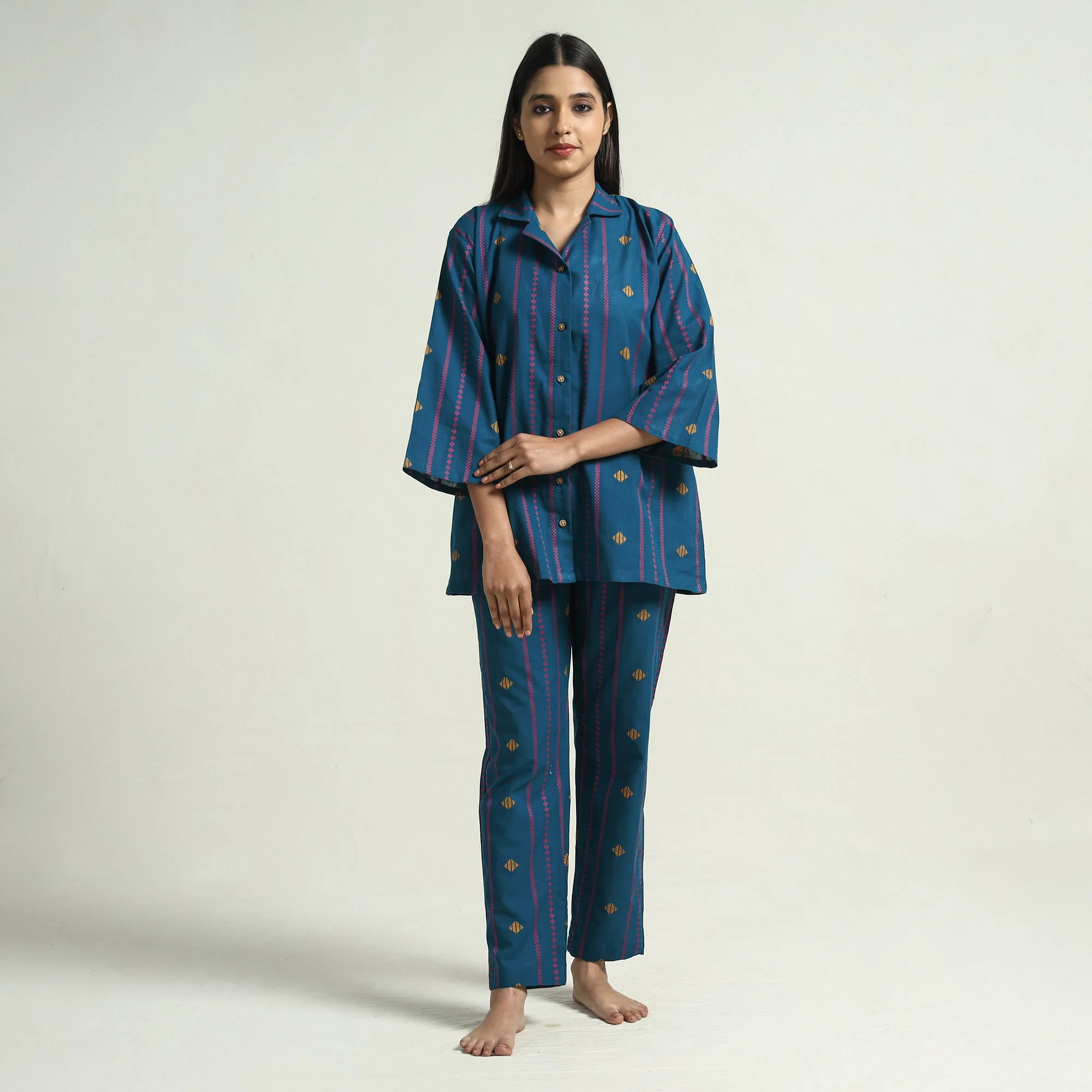 Blue - Jacquard Cotton Top & Pyjama Night Suit Set