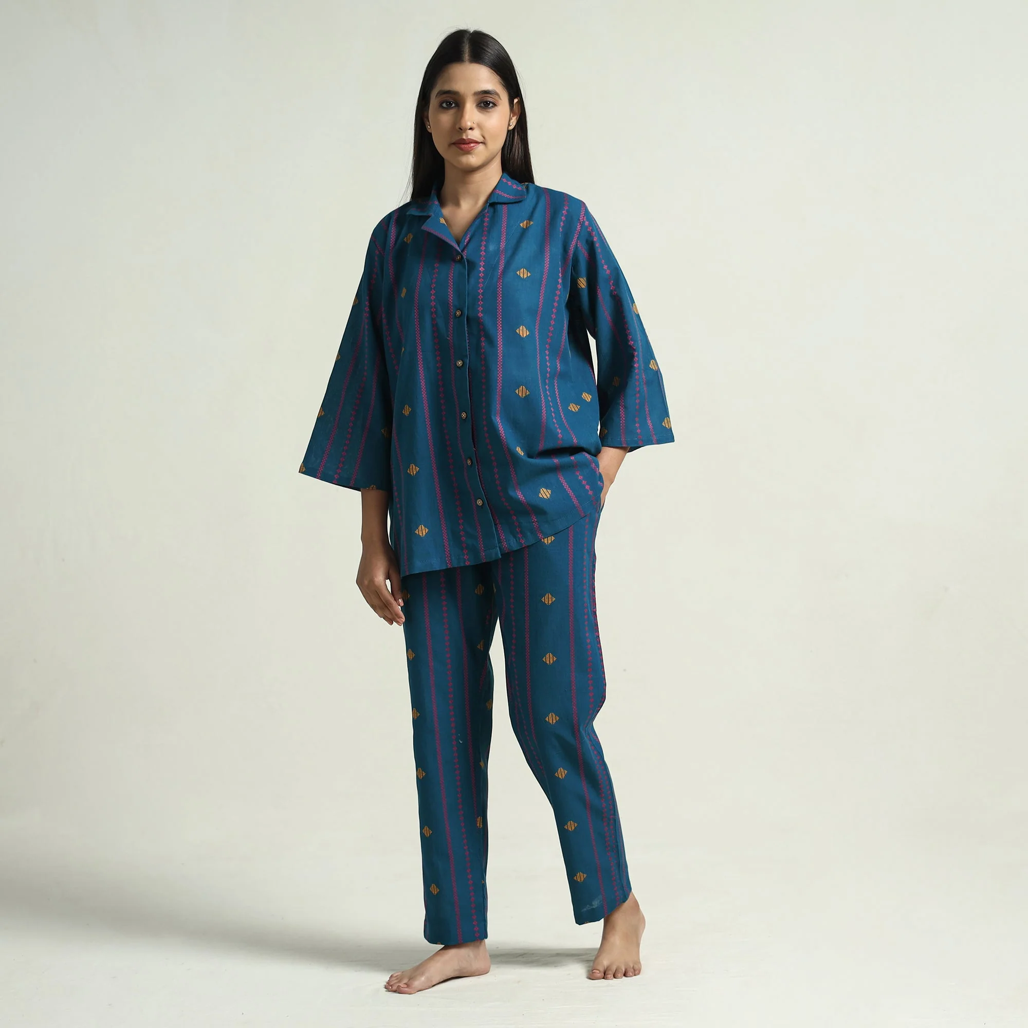 Blue - Jacquard Cotton Top & Pyjama Night Suit Set - Image 2