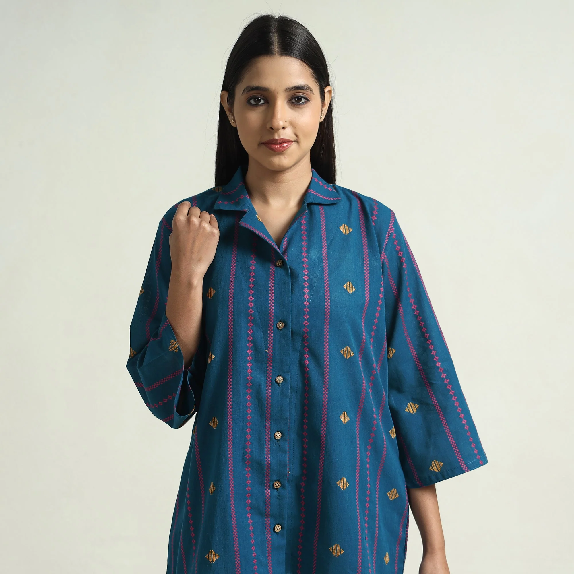 Blue - Jacquard Cotton Top & Pyjama Night Suit Set - Image 3