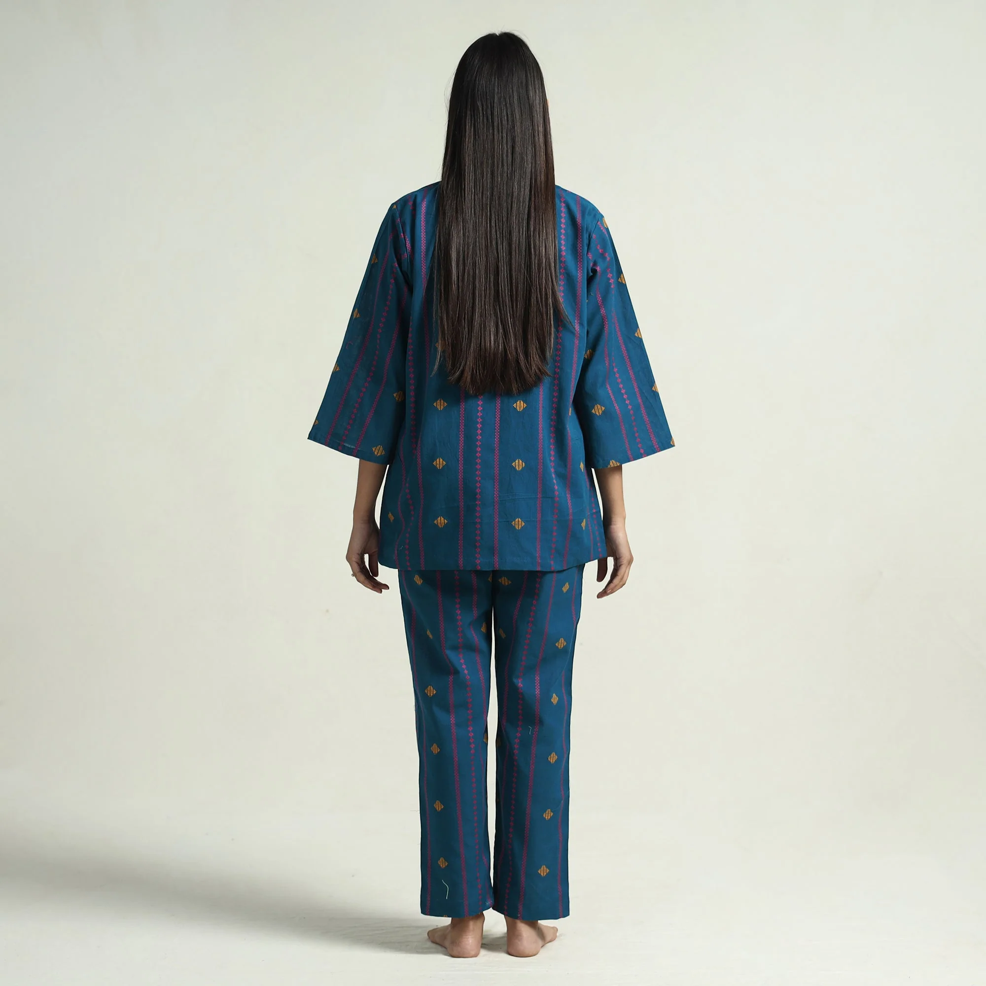 Blue - Jacquard Cotton Top & Pyjama Night Suit Set - Image 6