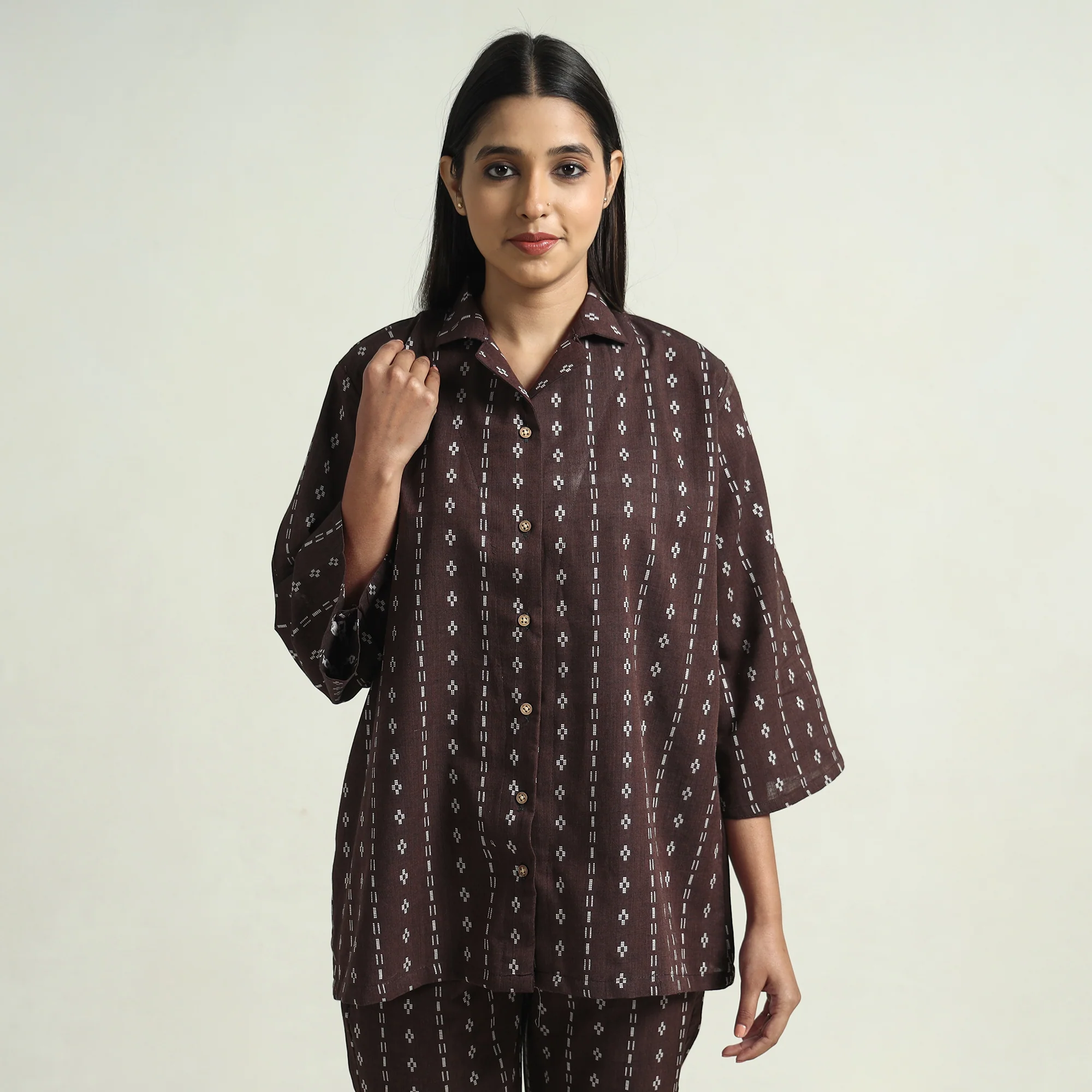 Dark Brown - Jacquard Cotton Top & Pyjama Night Suit Set - Image 3