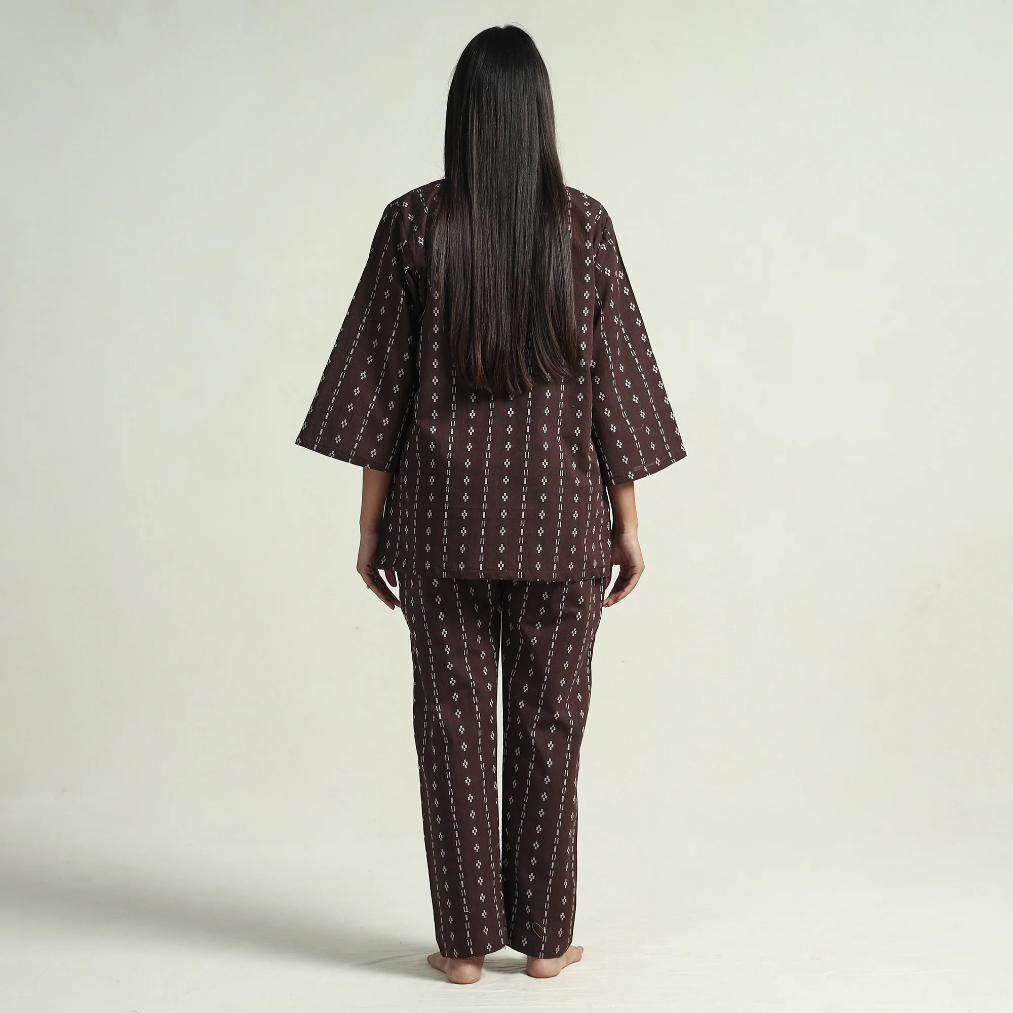 Dark Brown - Jacquard Cotton Top & Pyjama Night Suit Set - Image 6