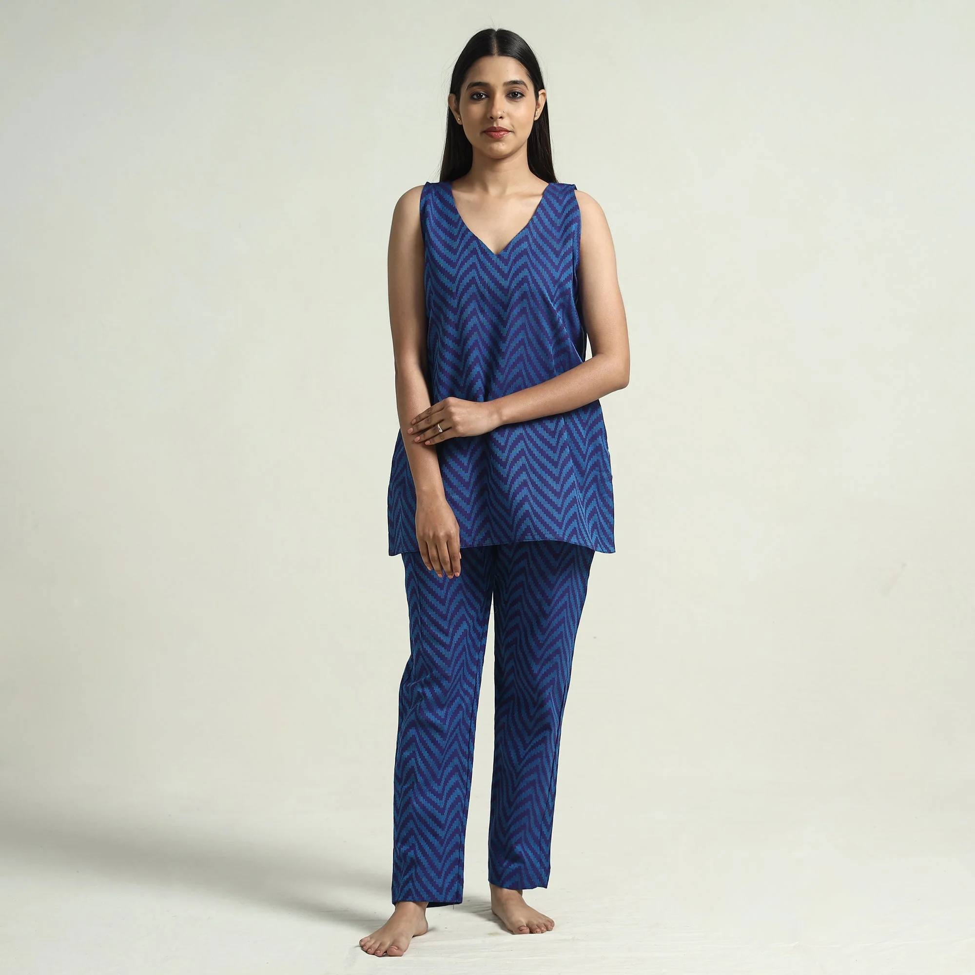 Blue - Jacquard Cotton Top & Pyjama Night Suit Set