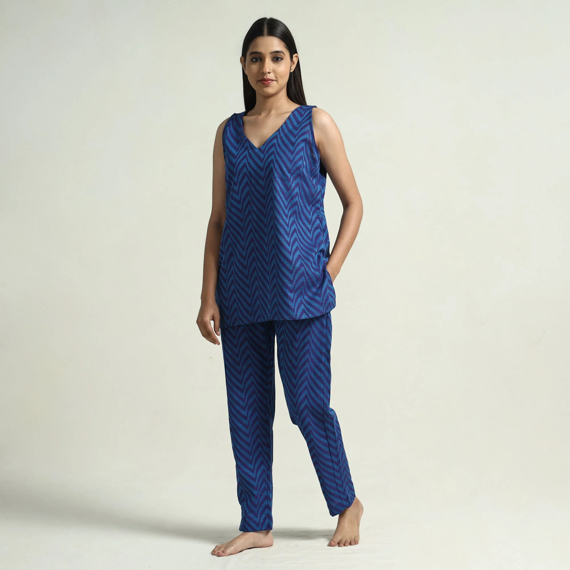 Blue - Jacquard Cotton Top & Pyjama Night Suit Set - Image 2