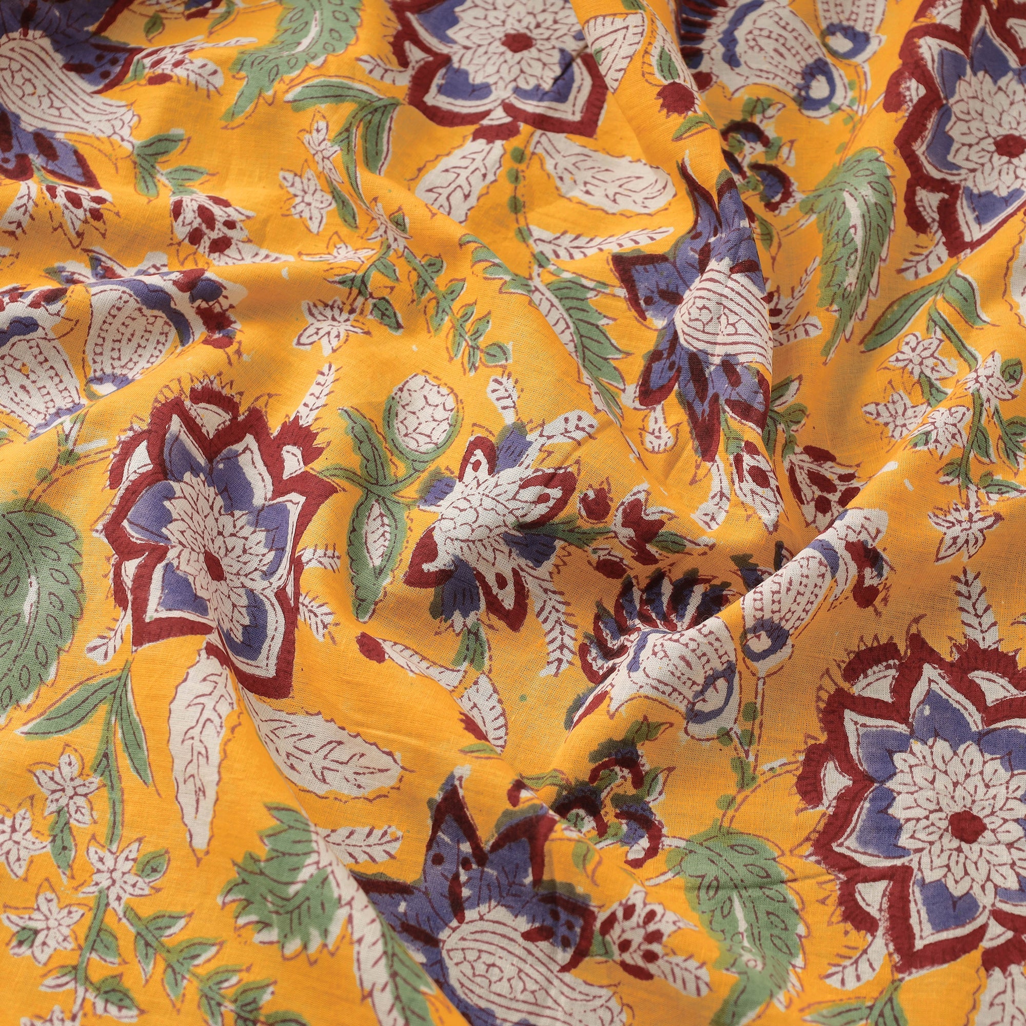 Turmeric Yellow Floral Sanganeri Block Printed Cotton Fabric - Image 3