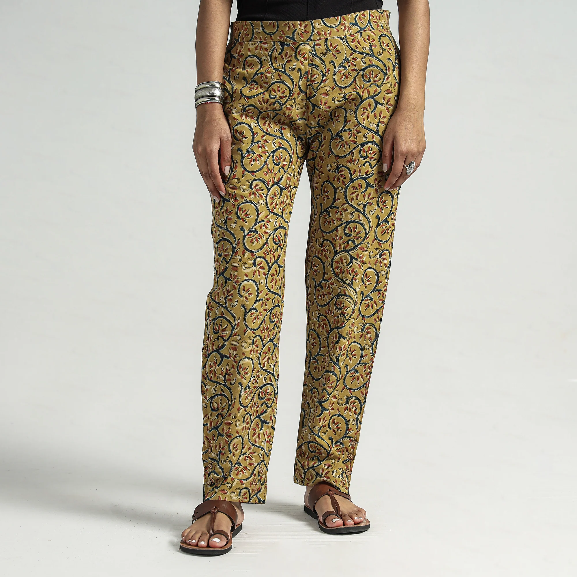 Yellow - Kalamkari Block Printed Cotton Elasticated Pant - Image 3