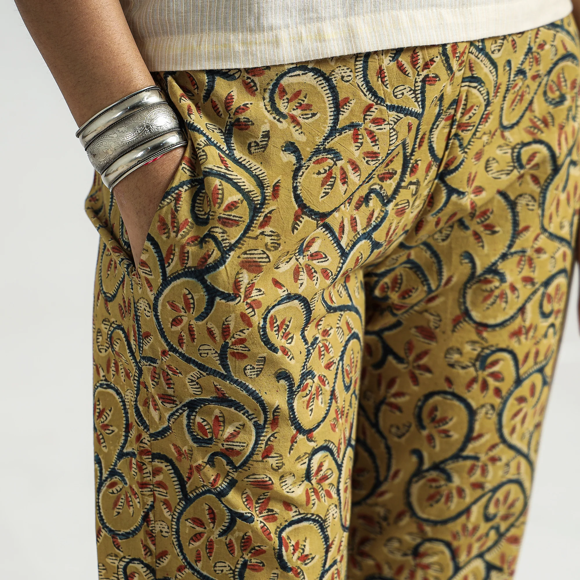 Yellow - Kalamkari Block Printed Cotton Elasticated Pant - Image 4