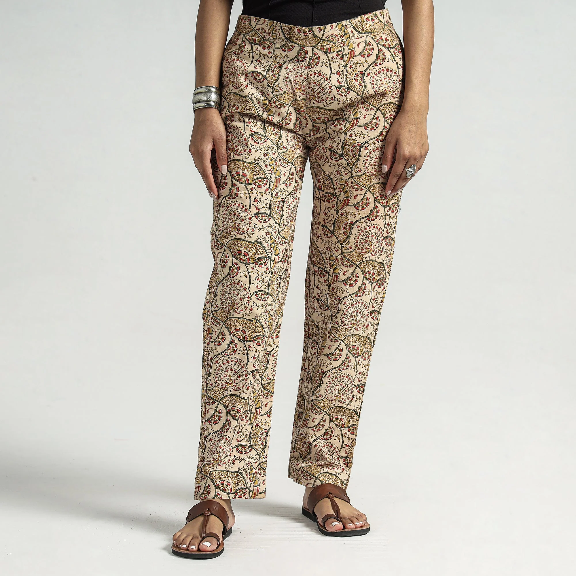 Beige - Kalamkari Block Printed Cotton Elasticated Pant - Image 3