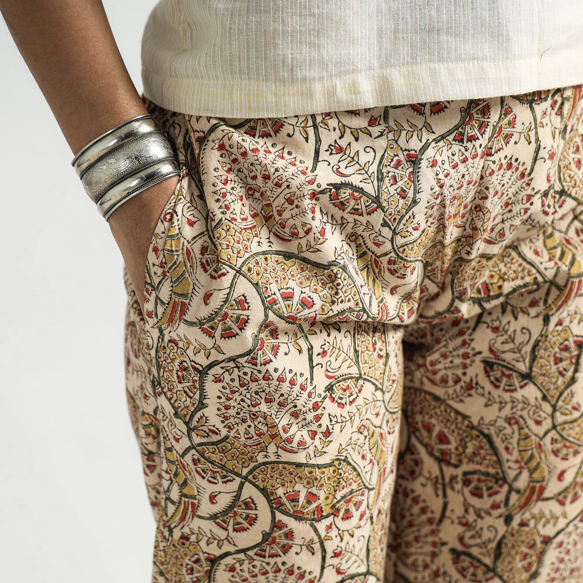 Beige - Kalamkari Block Printed Cotton Elasticated Pant - Image 4