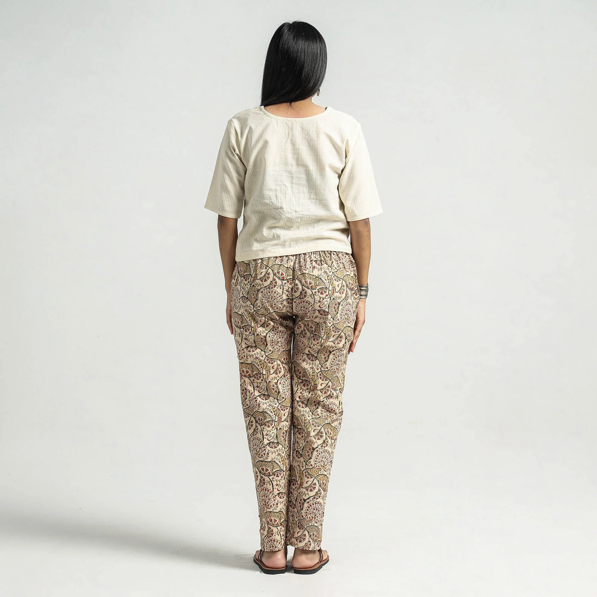 Beige - Kalamkari Block Printed Cotton Elasticated Pant - Image 6