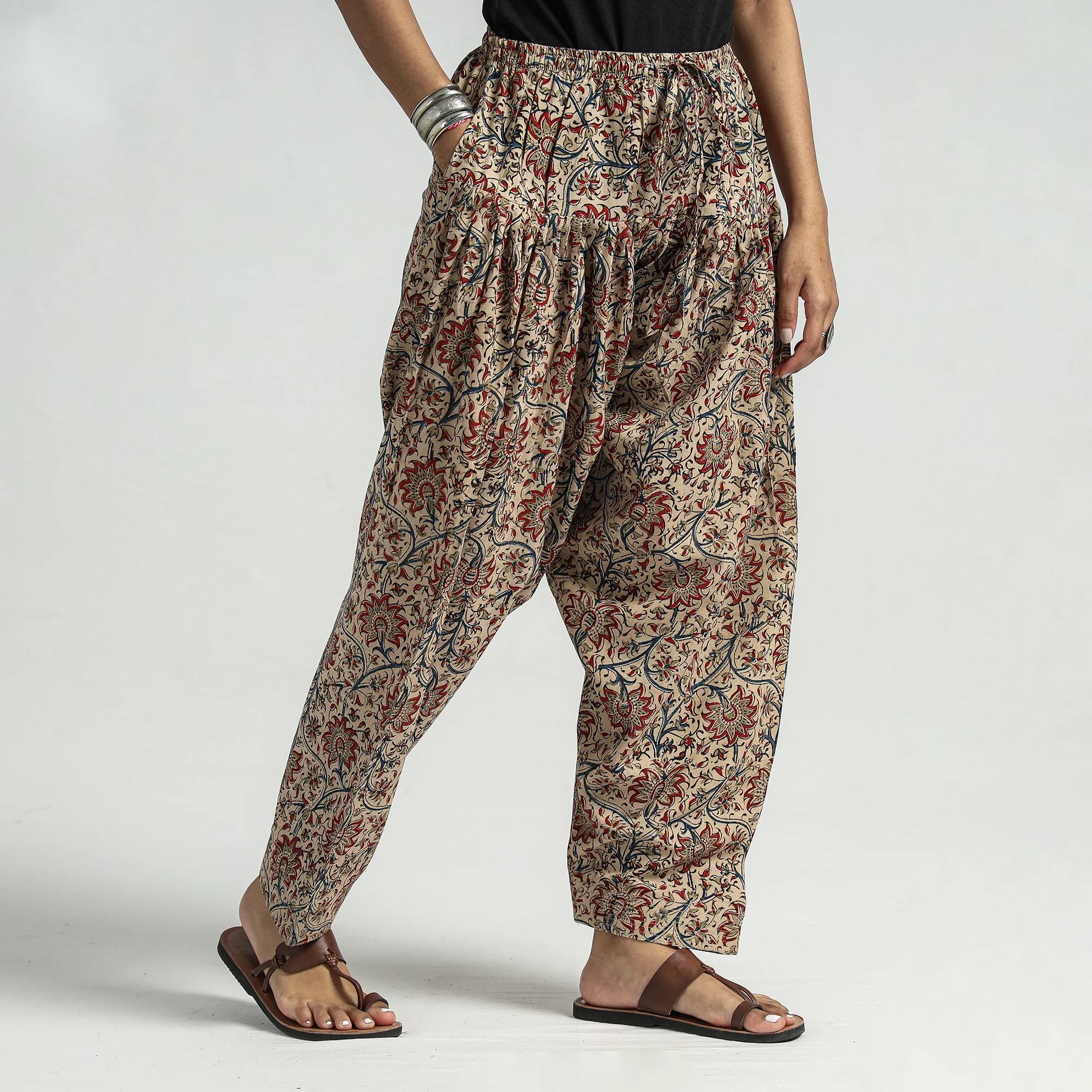 Beige - Kalamkari Block Printed Cotton Elasticated Salwar