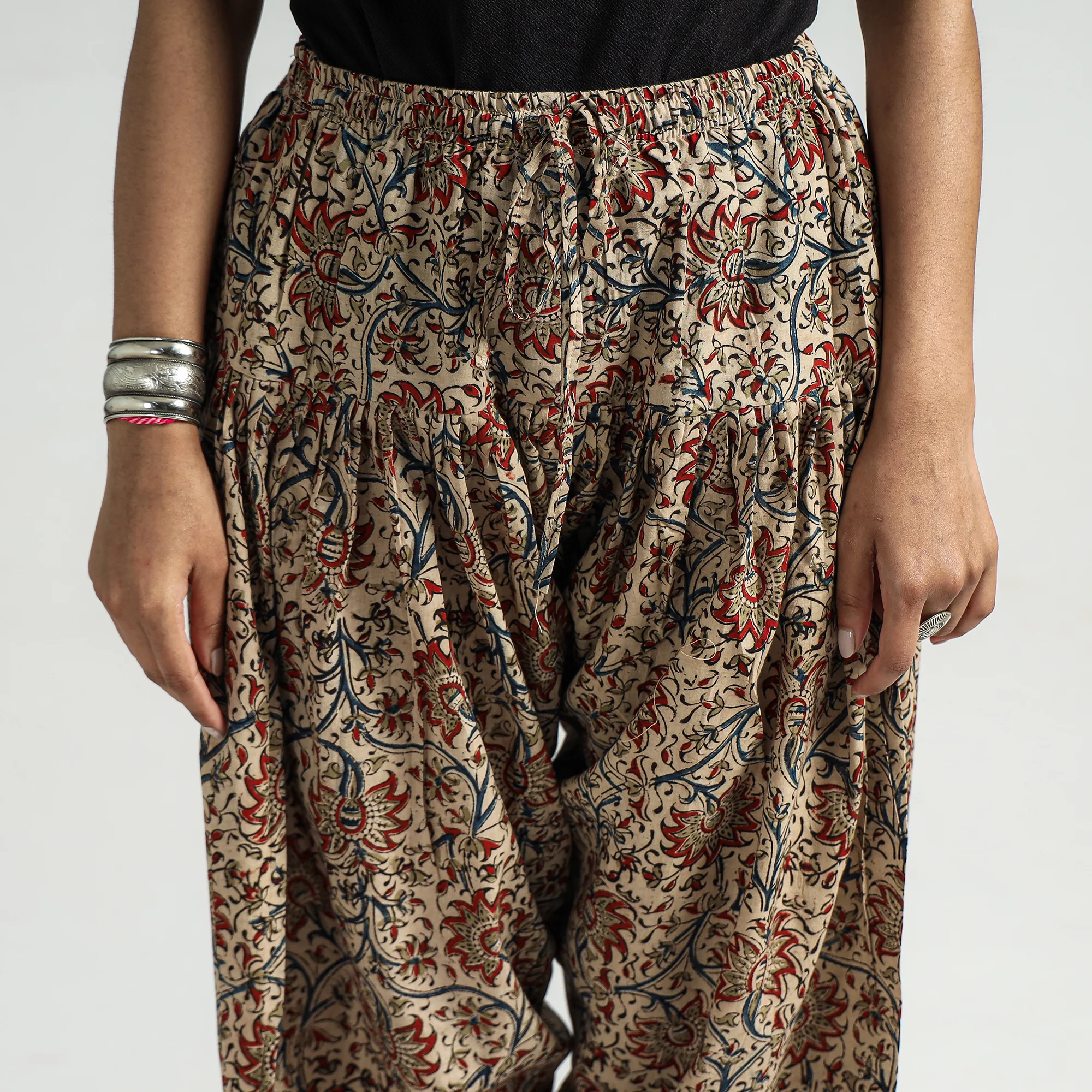 Beige - Kalamkari Block Printed Cotton Elasticated Salwar - Image 4