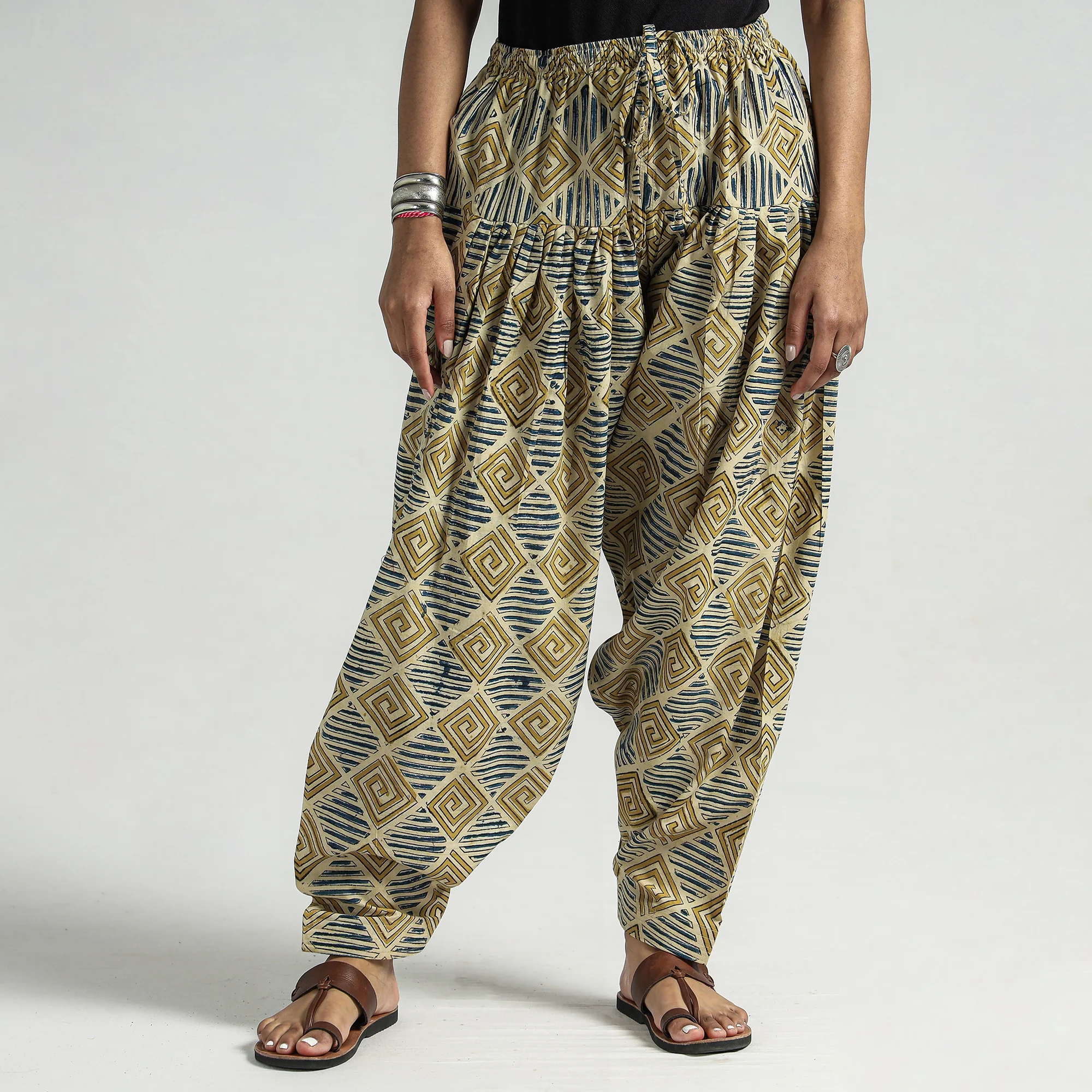 Beige - Kalamkari Block Printed Cotton Elasticated Salwar - Image 2