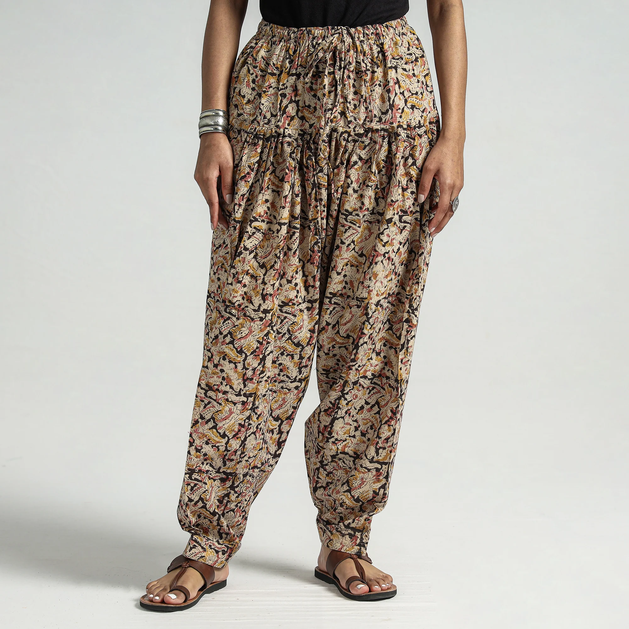 Brown - Kalamkari Block Printed Cotton Elasticated Salwar - Image 2