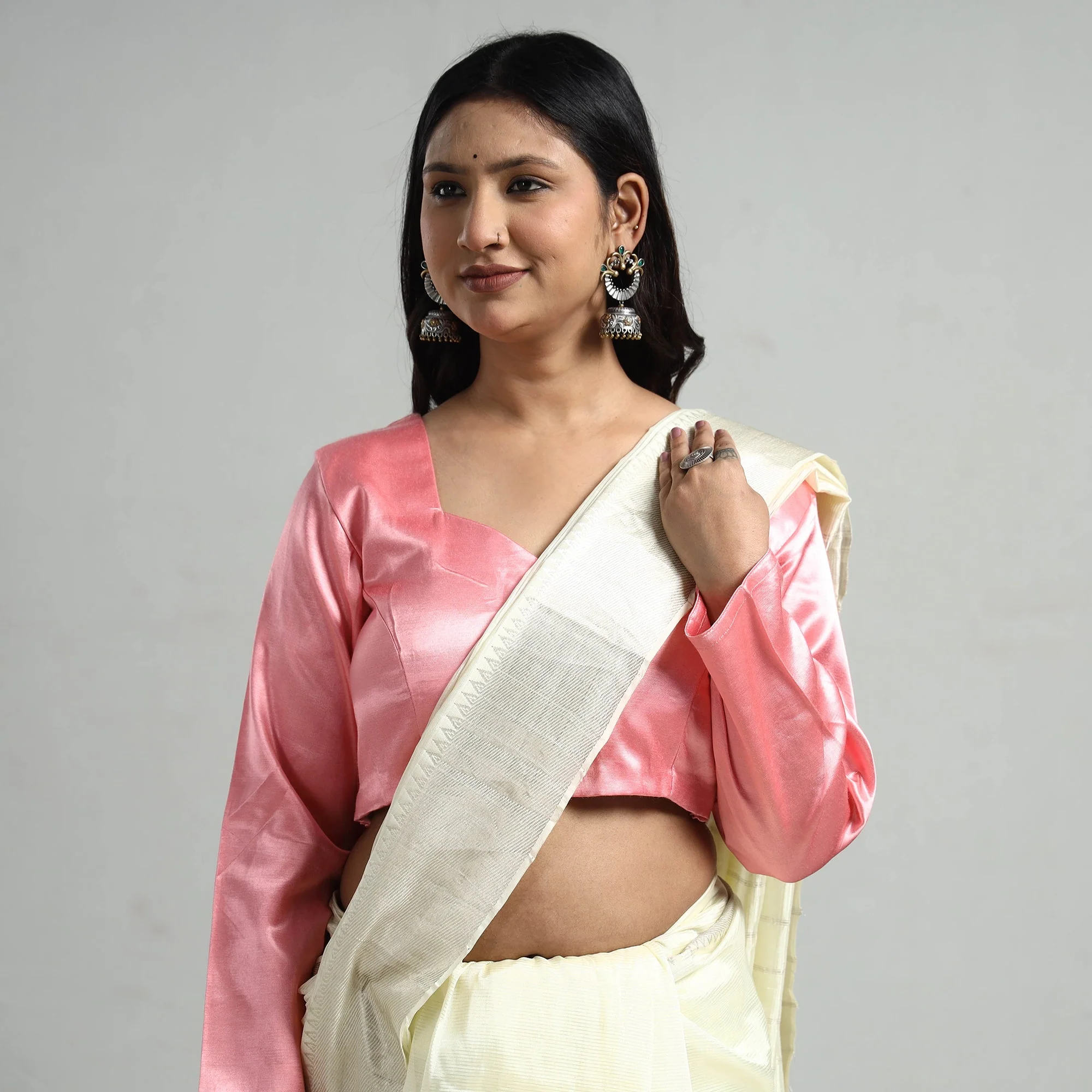 Light Pink - Mashru Silk Plain Stitched Blouse - Image 3