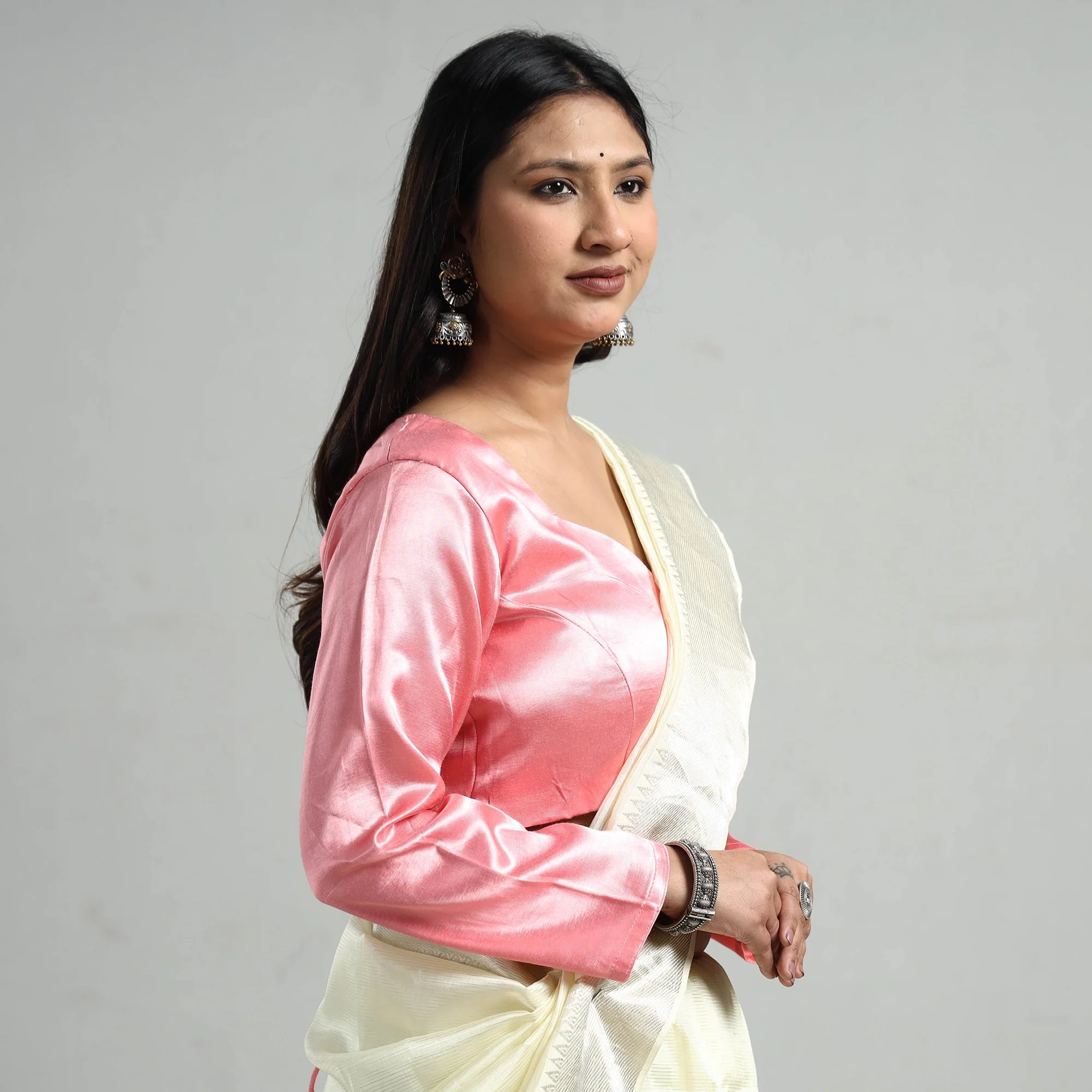 Light Pink - Mashru Silk Plain Stitched Blouse - Image 4