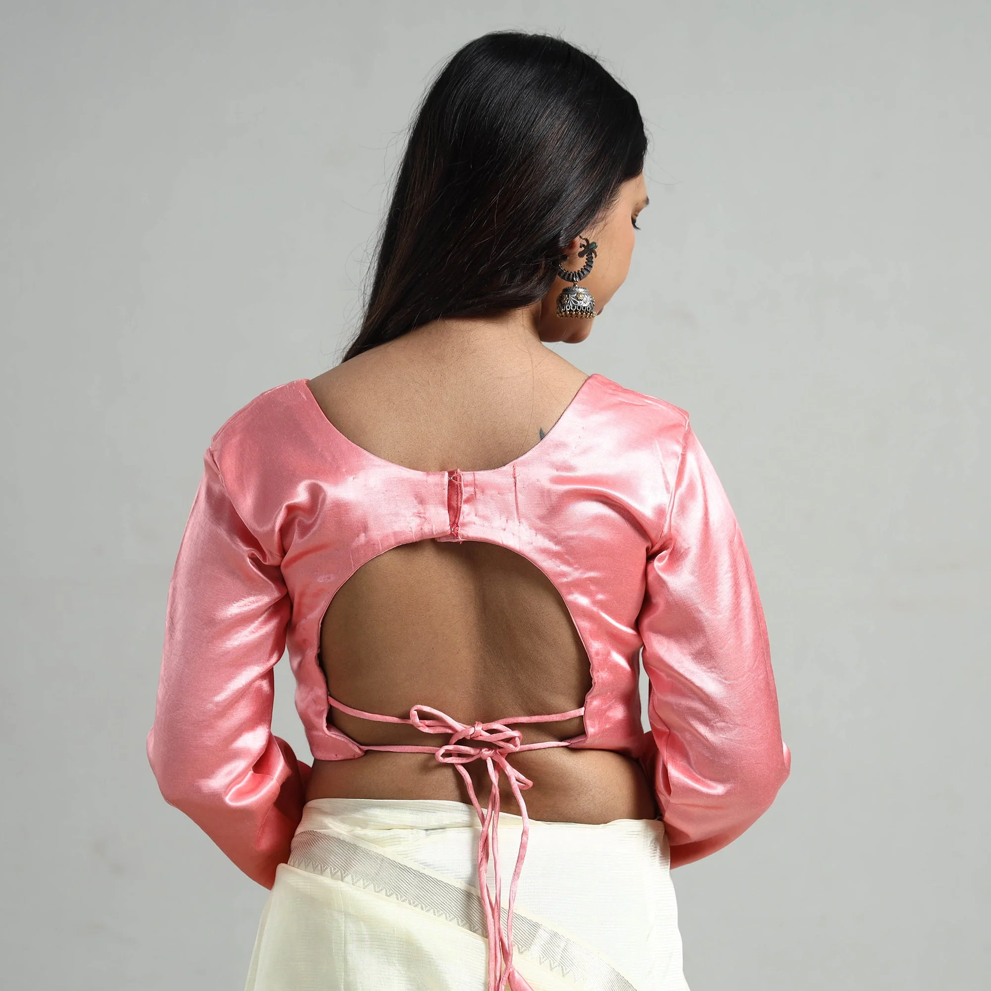 Light Pink - Mashru Silk Plain Stitched Blouse - Image 6