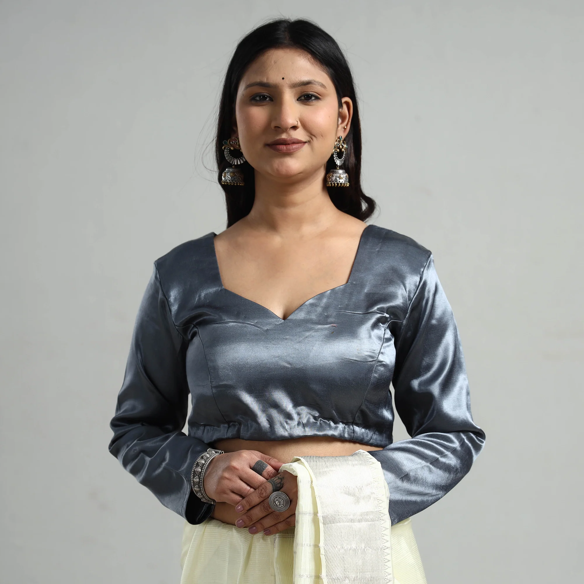 Dark Grey - Mashru Silk Plain Stitched Blouse - Image 2