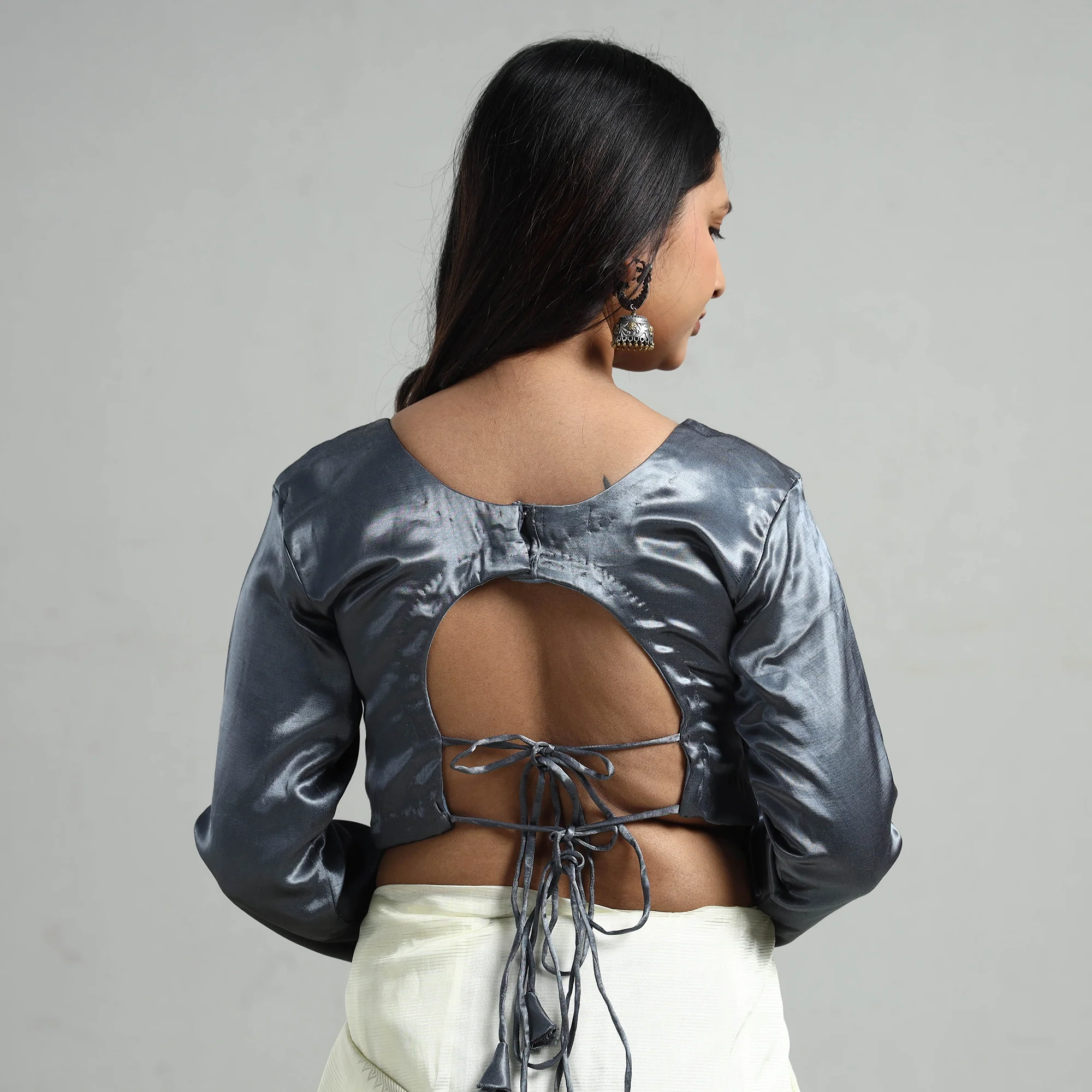 Dark Grey - Mashru Silk Plain Stitched Blouse - Image 6