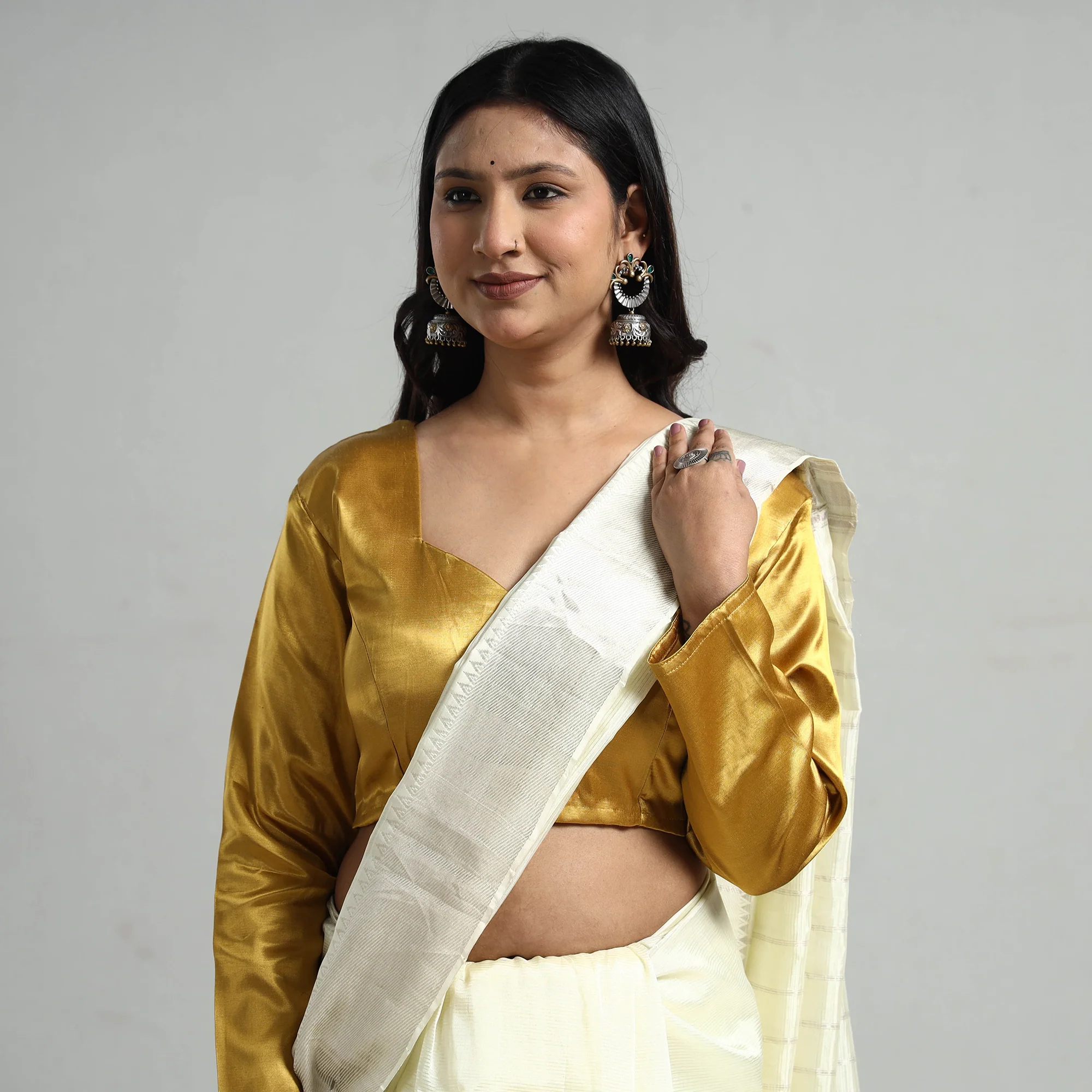 Yellow - Mashru Silk Plain Stitched Blouse - Image 3
