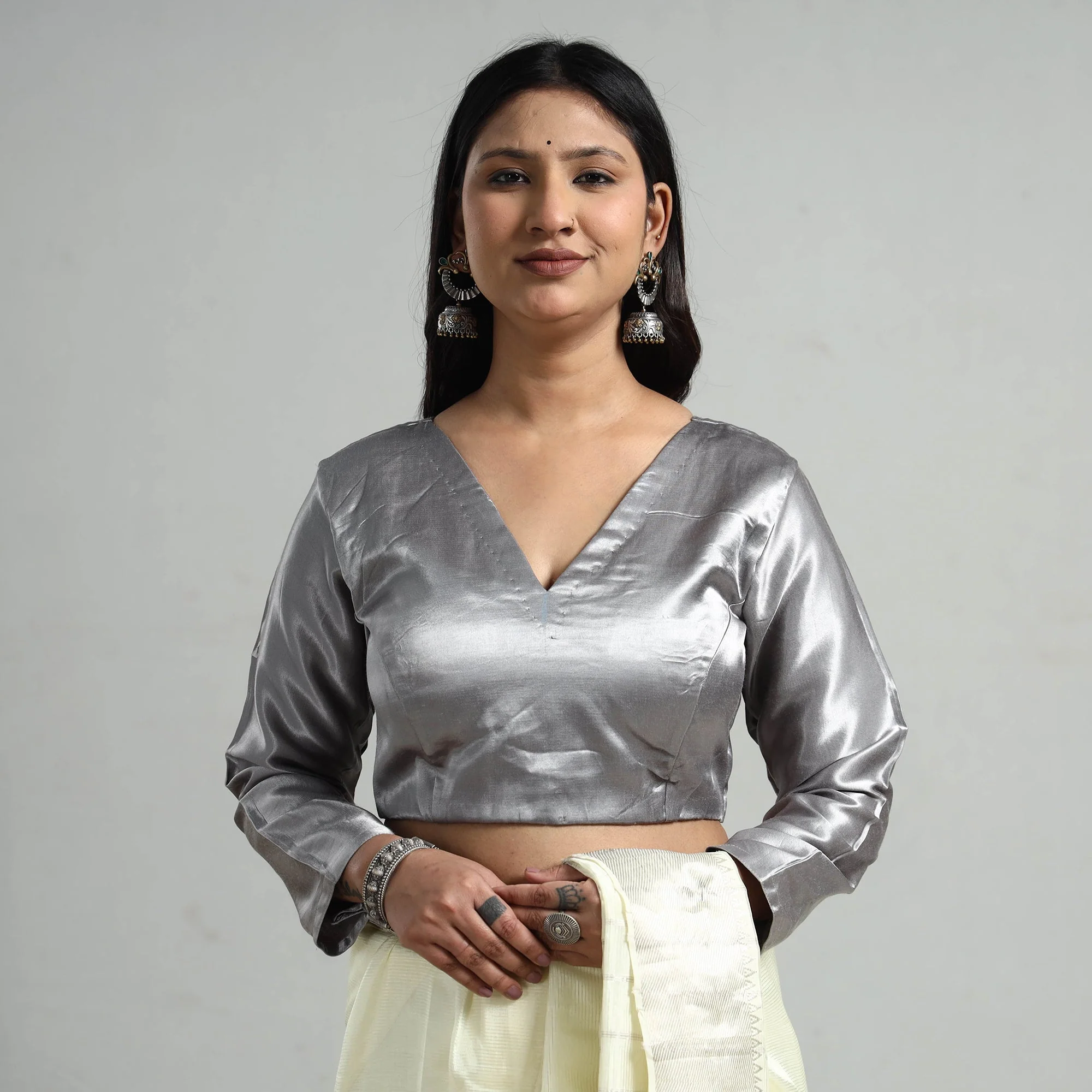 Grey - Mashru Silk Plain Stitched Blouse - Image 2