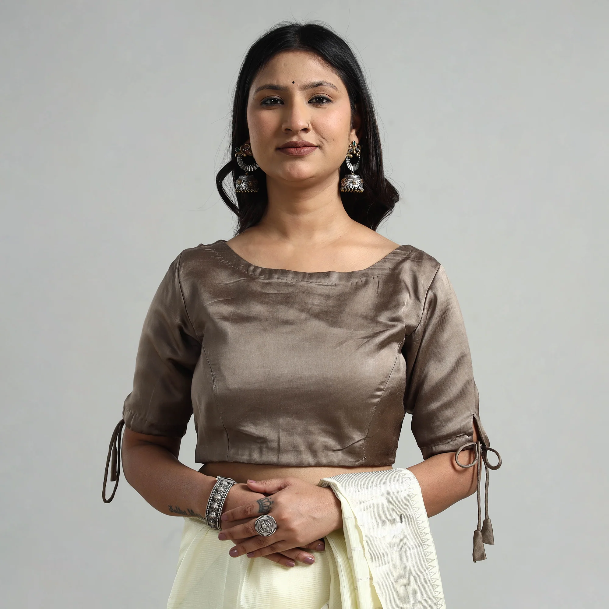 Brown - Modal Silk Plain Stitched Blouse - Image 2