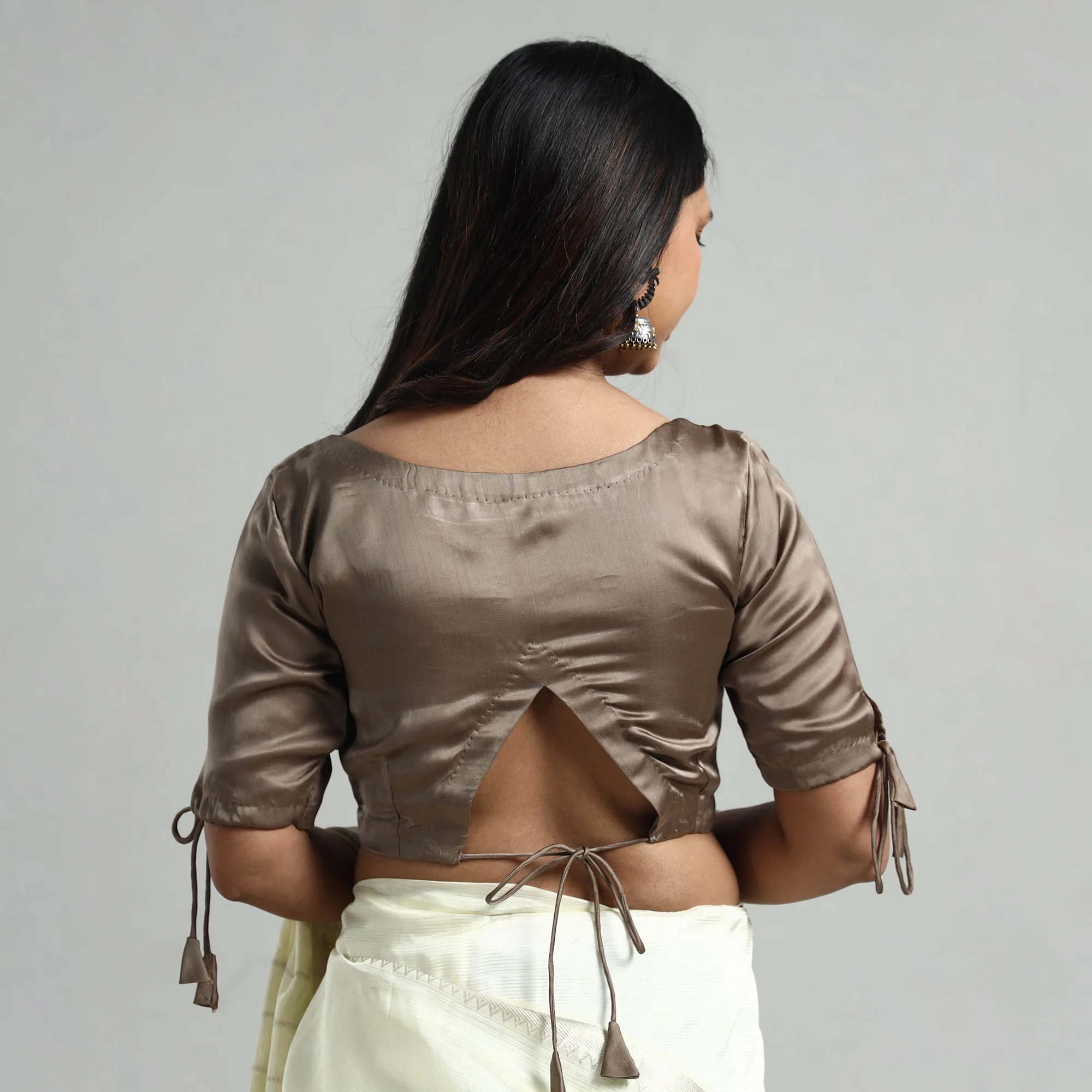 Brown - Modal Silk Plain Stitched Blouse - Image 7