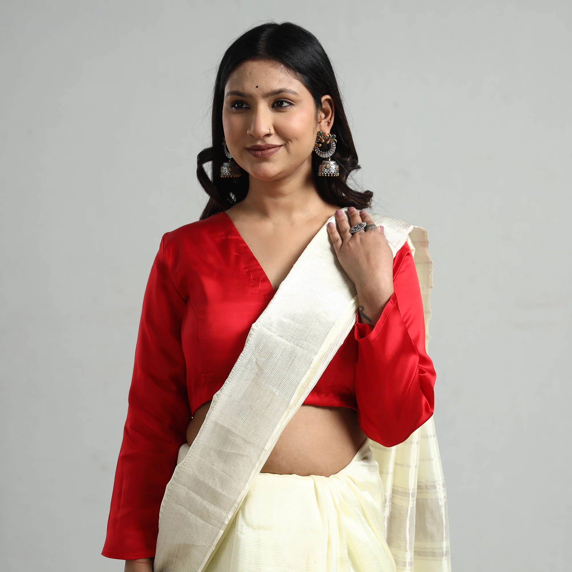 Red - Modal Silk Plain Stitched Blouse - Image 3