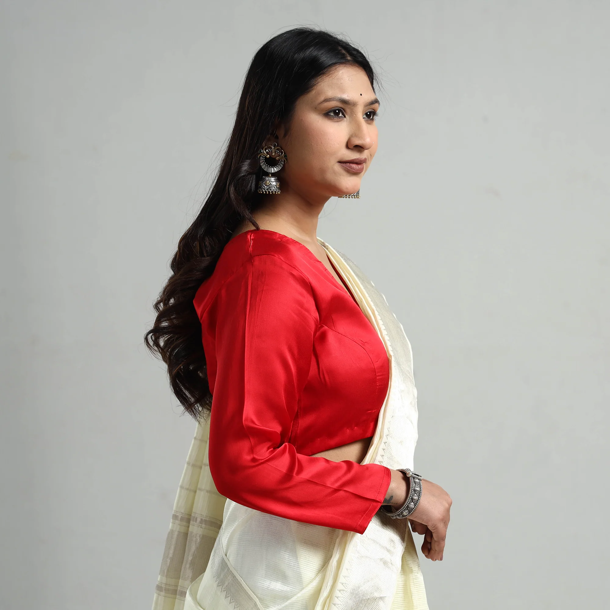 Red - Modal Silk Plain Stitched Blouse - Image 4