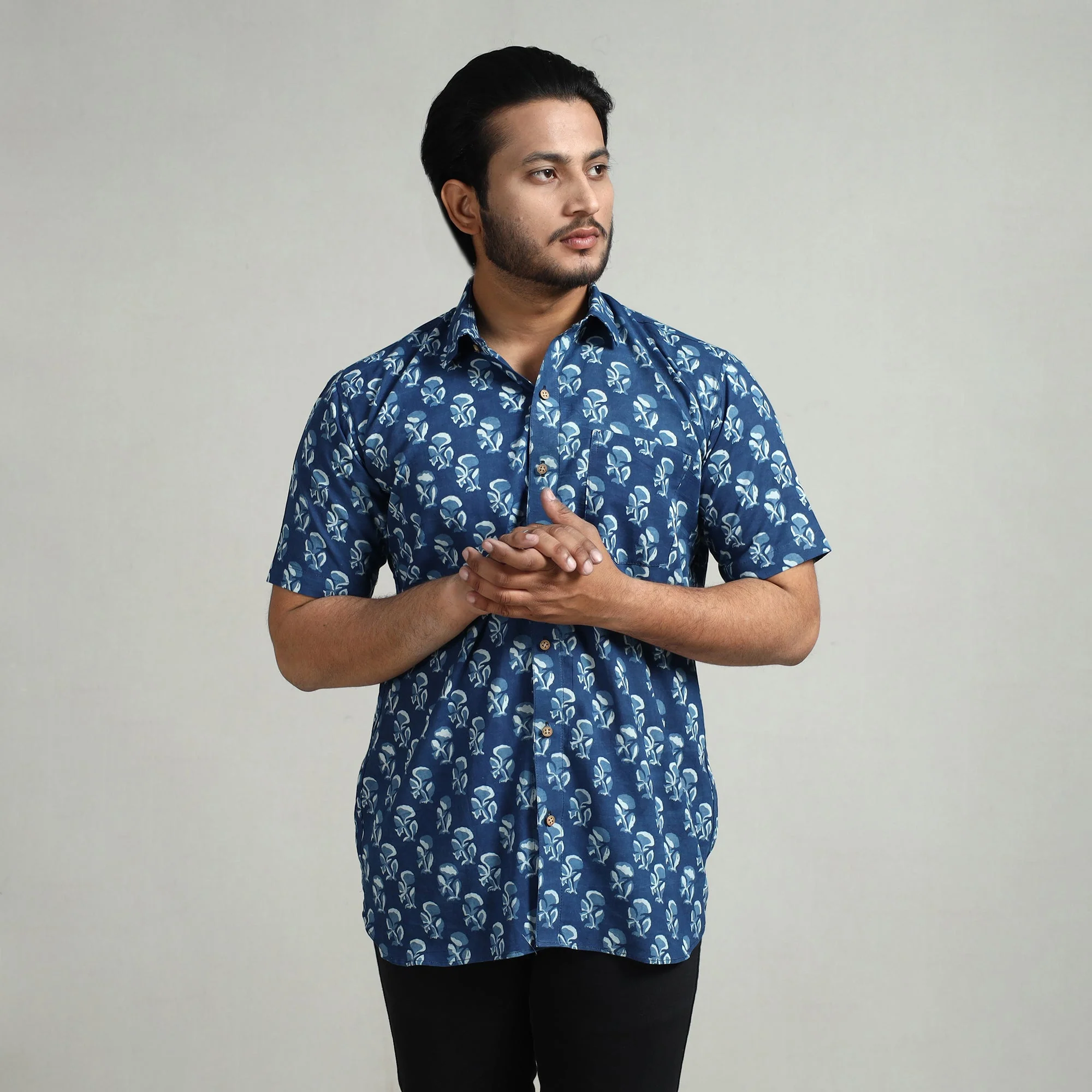 Blue - Indigo Hand Block Printed Cotton Men Half Sleeve Shirt - Image 2