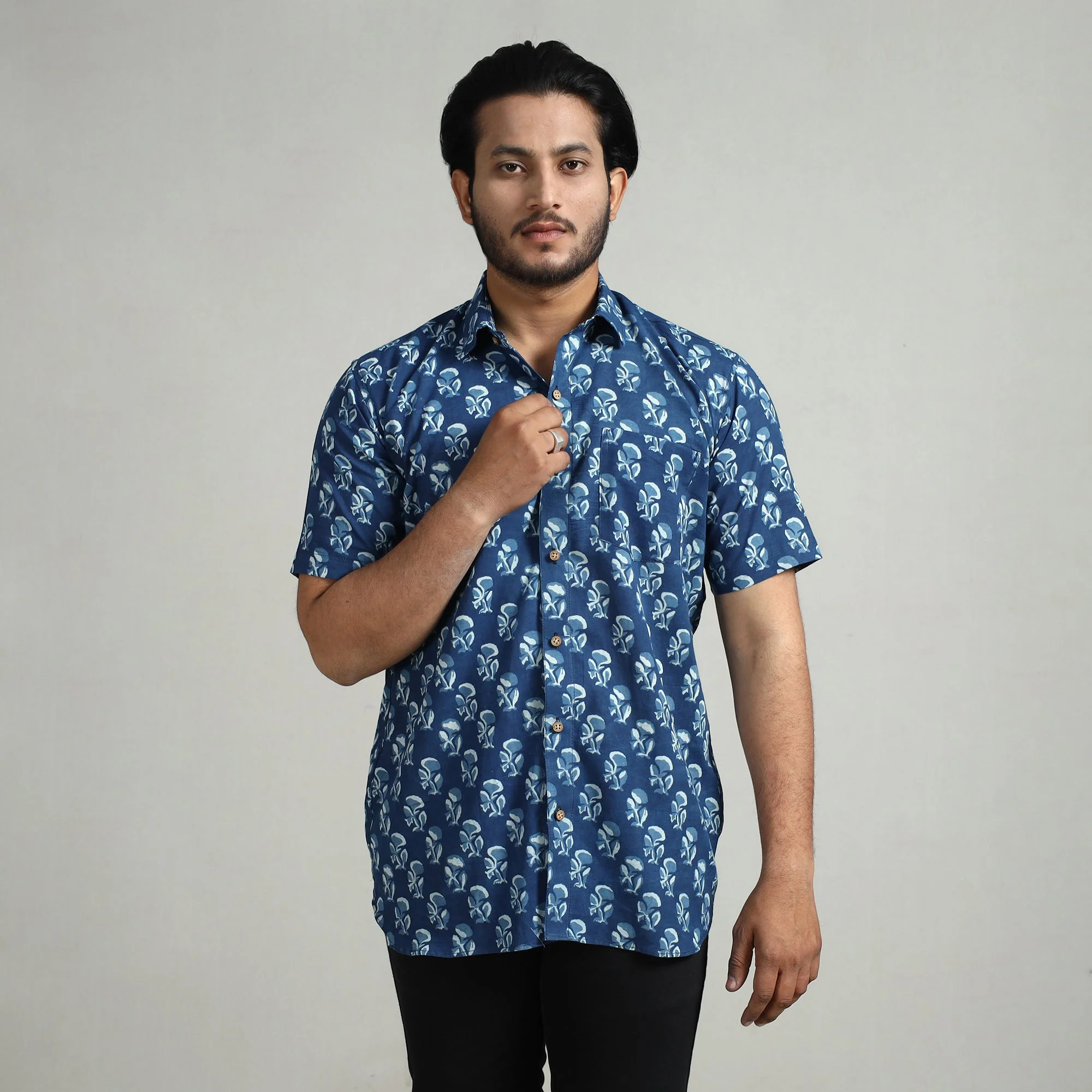 Blue - Indigo Hand Block Printed Cotton Men Half Sleeve Shirt - Image 4