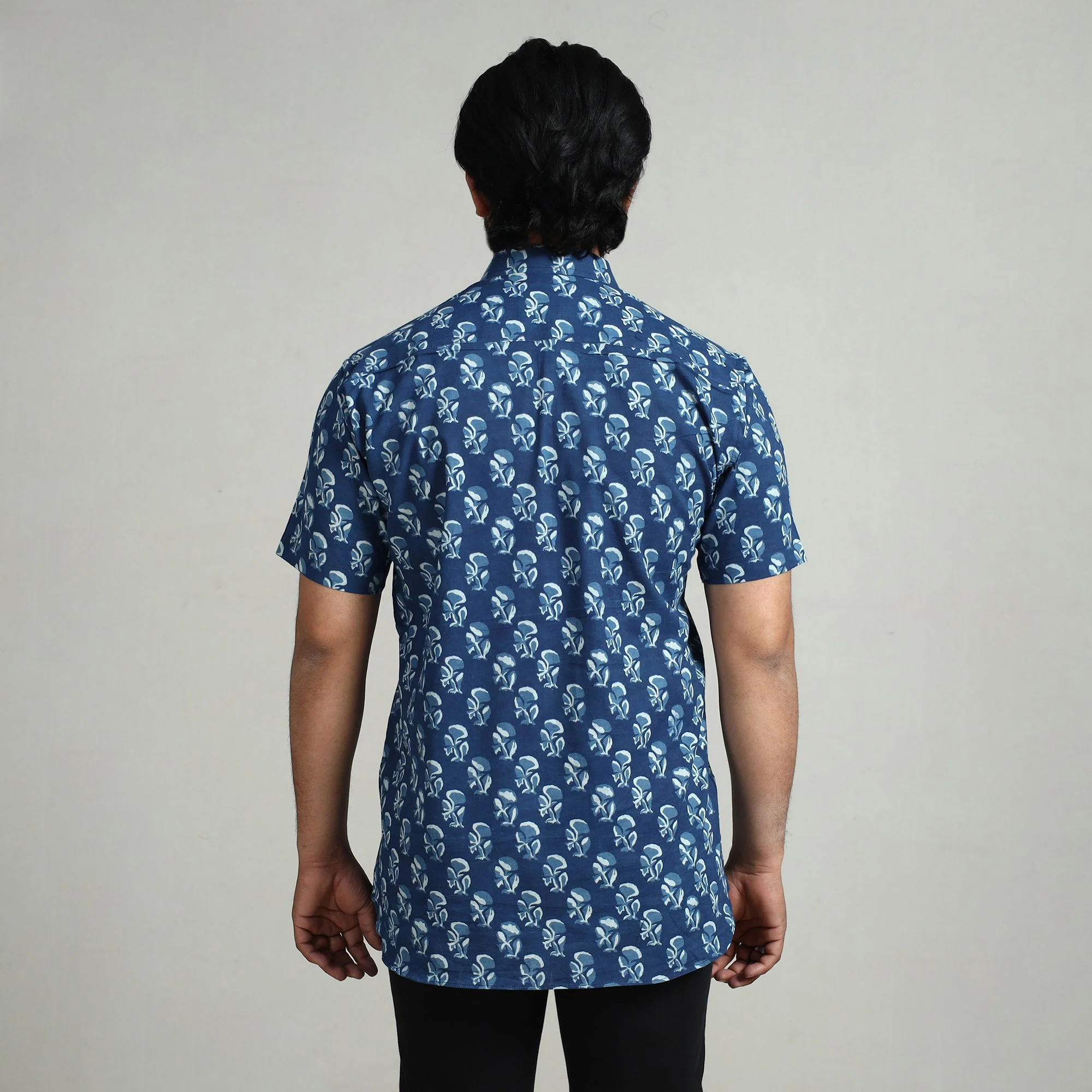 Blue - Indigo Hand Block Printed Cotton Men Half Sleeve Shirt - Image 7