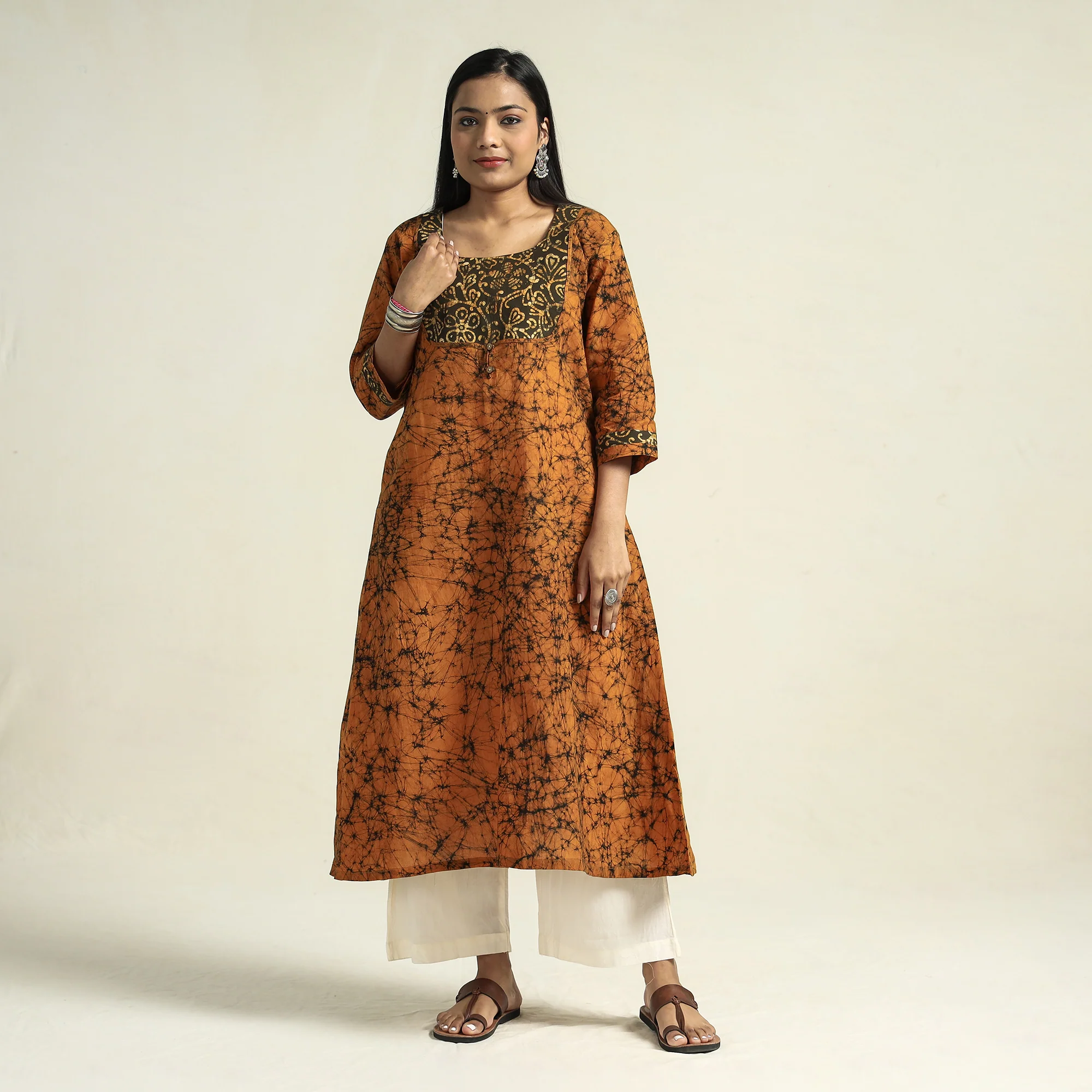 Orange - Kutch Batik Printed Cotton A-Line Kurta - Image 3