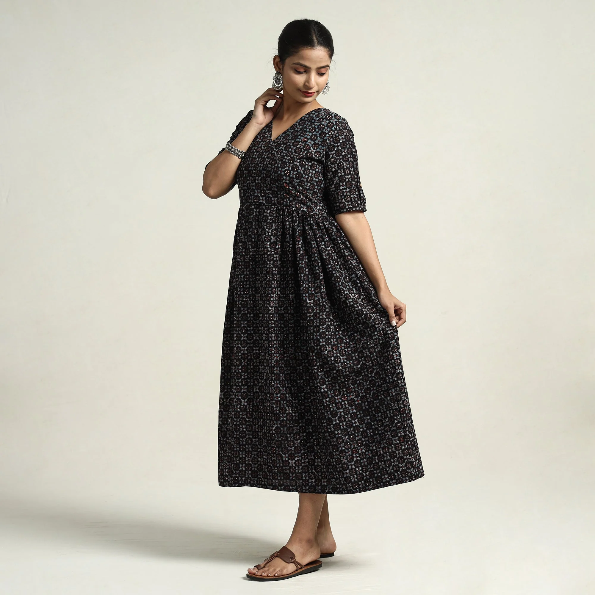 Black - Hand Block Print Cotton Flared Gher Ajrakh Dress - Image 2