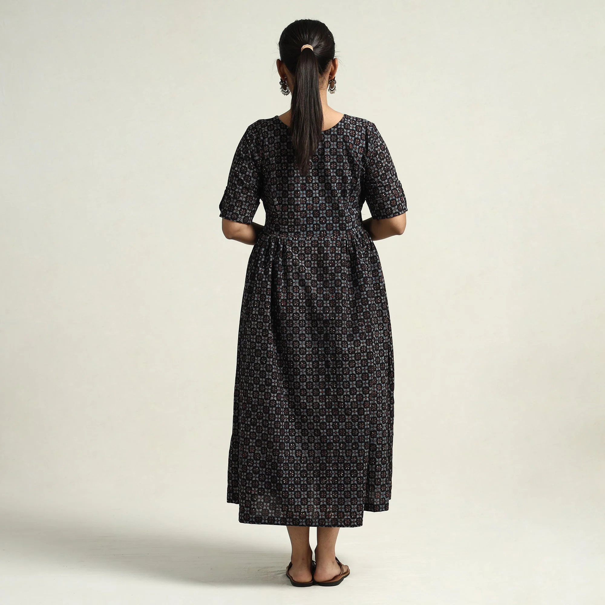 Black - Hand Block Print Cotton Flared Gher Ajrakh Dress - Image 8