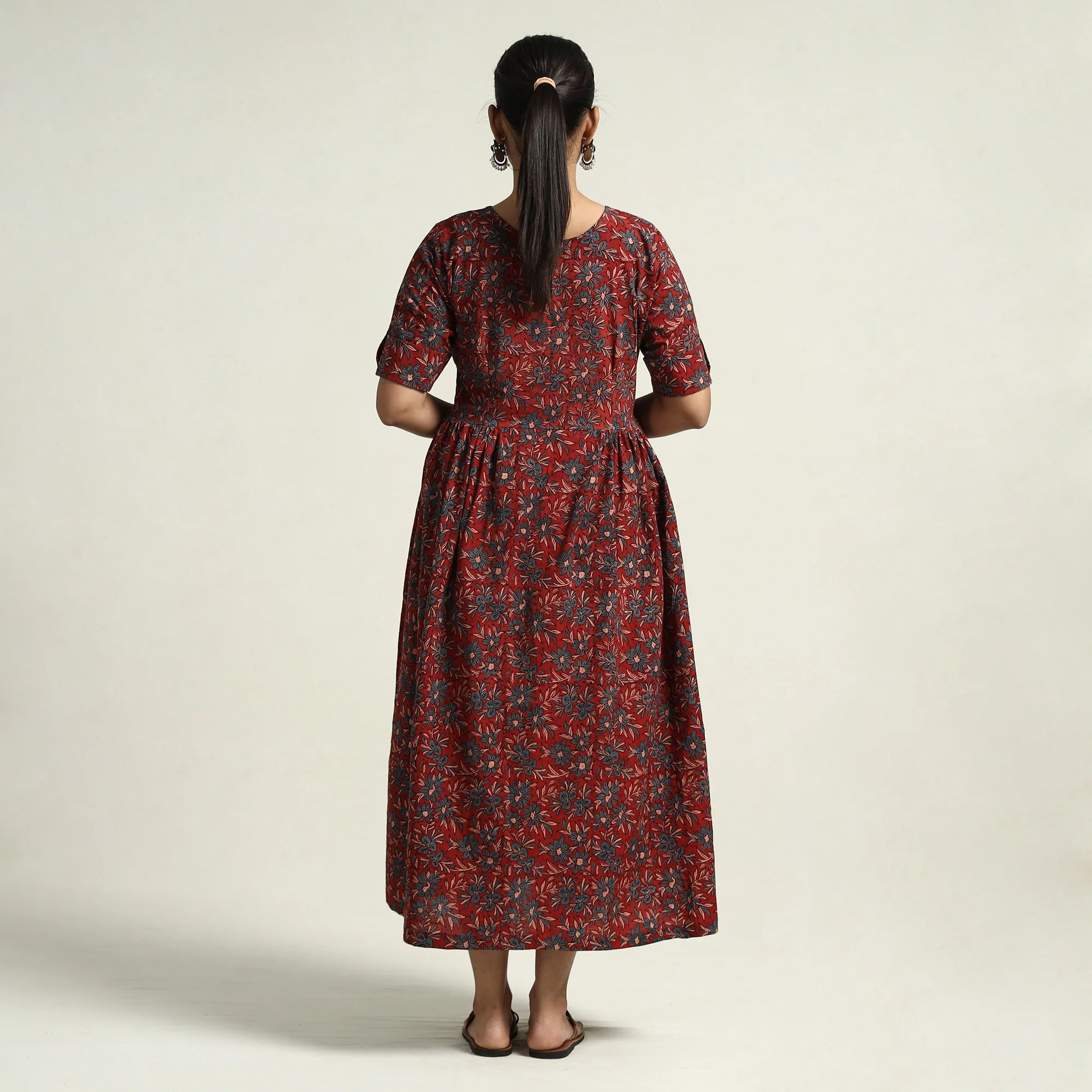 Red - Ajrakh Hand Block Printed Cotton Flared Gher Dress - Image 7
