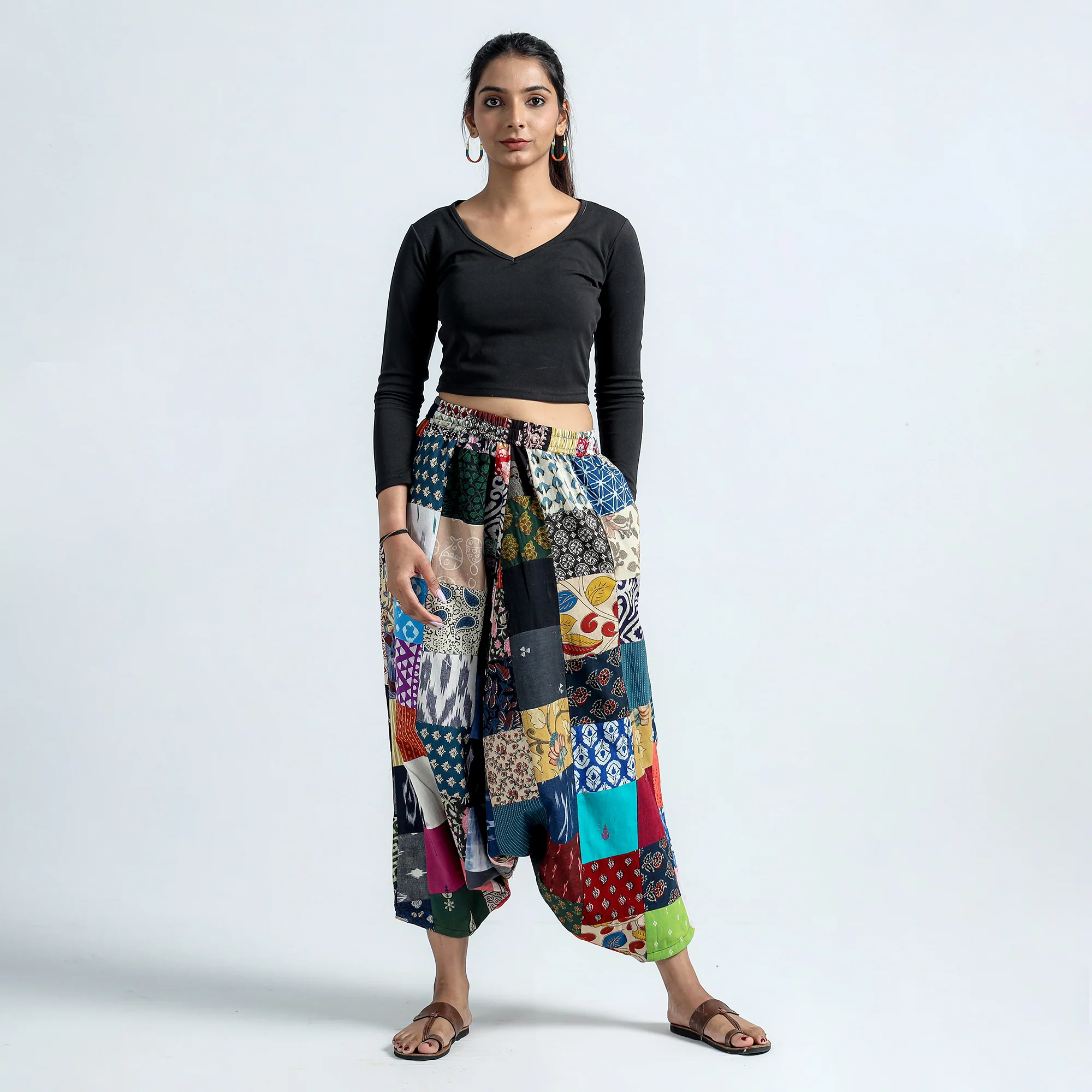Multicolor - Block Printed Handmade Patchwork Cotton Harem Pant - Image 2