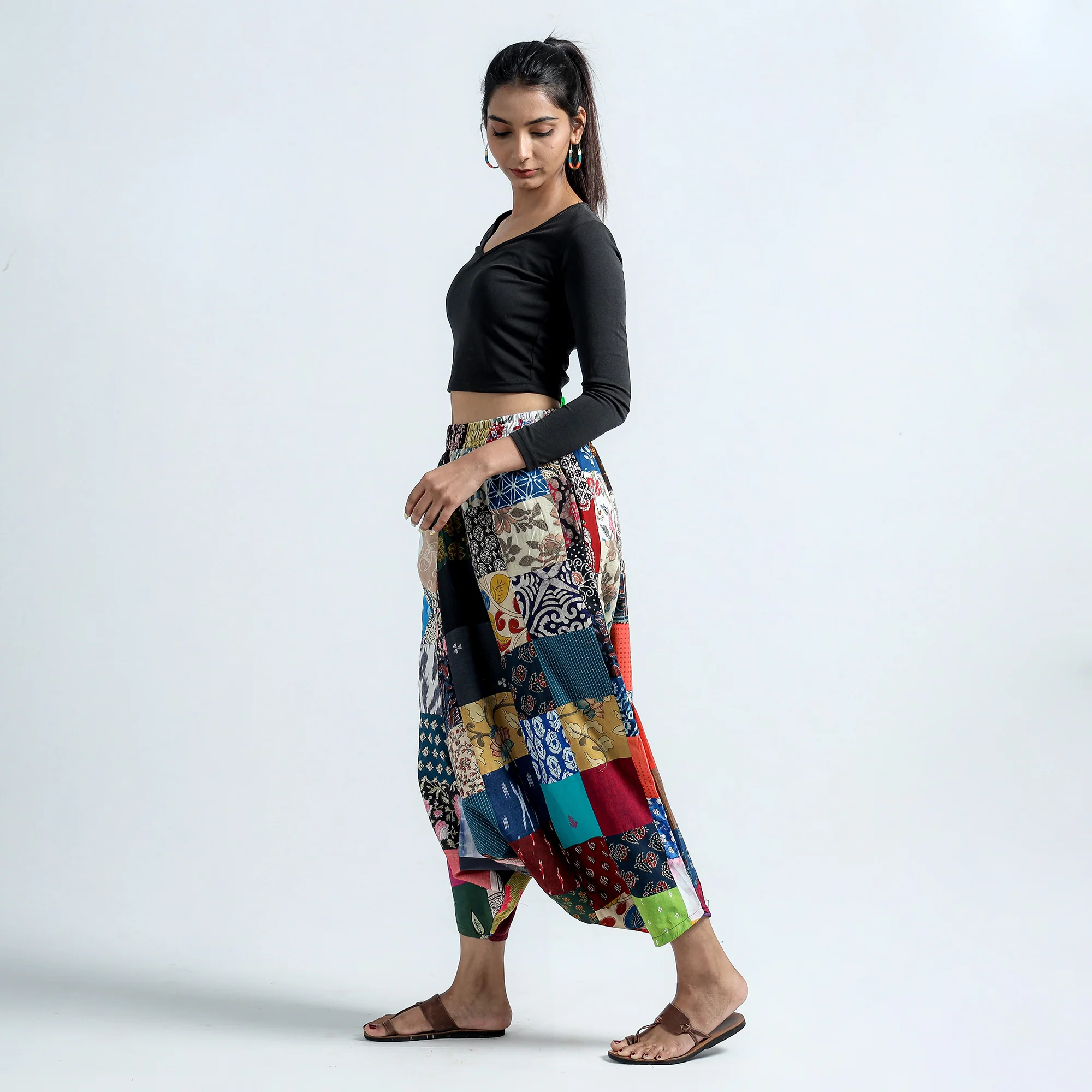 Multicolor - Block Printed Handmade Patchwork Cotton Harem Pant - Image 3