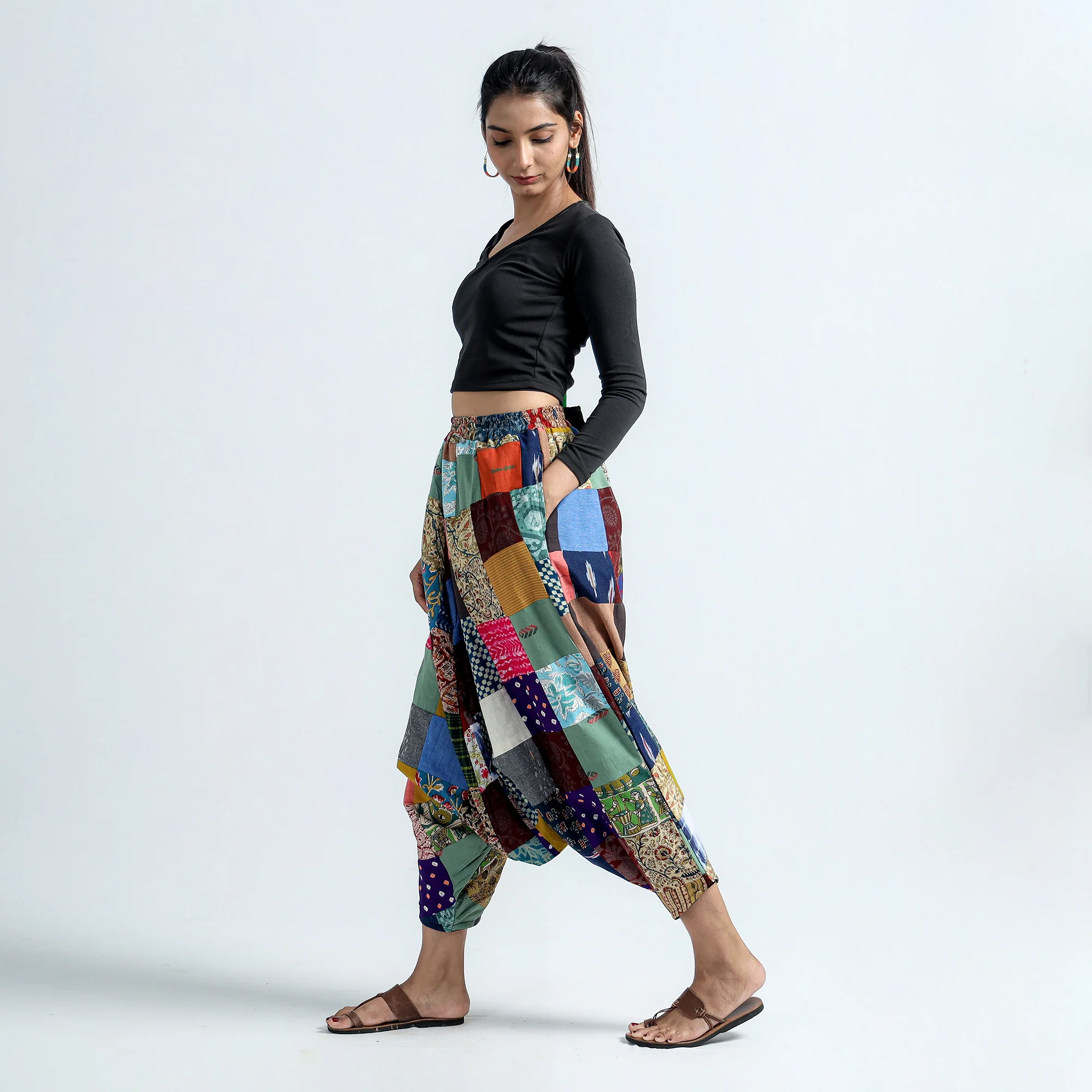 Multicolor - Block Printed Handmade Patchwork Cotton Harem Pant - Image 3