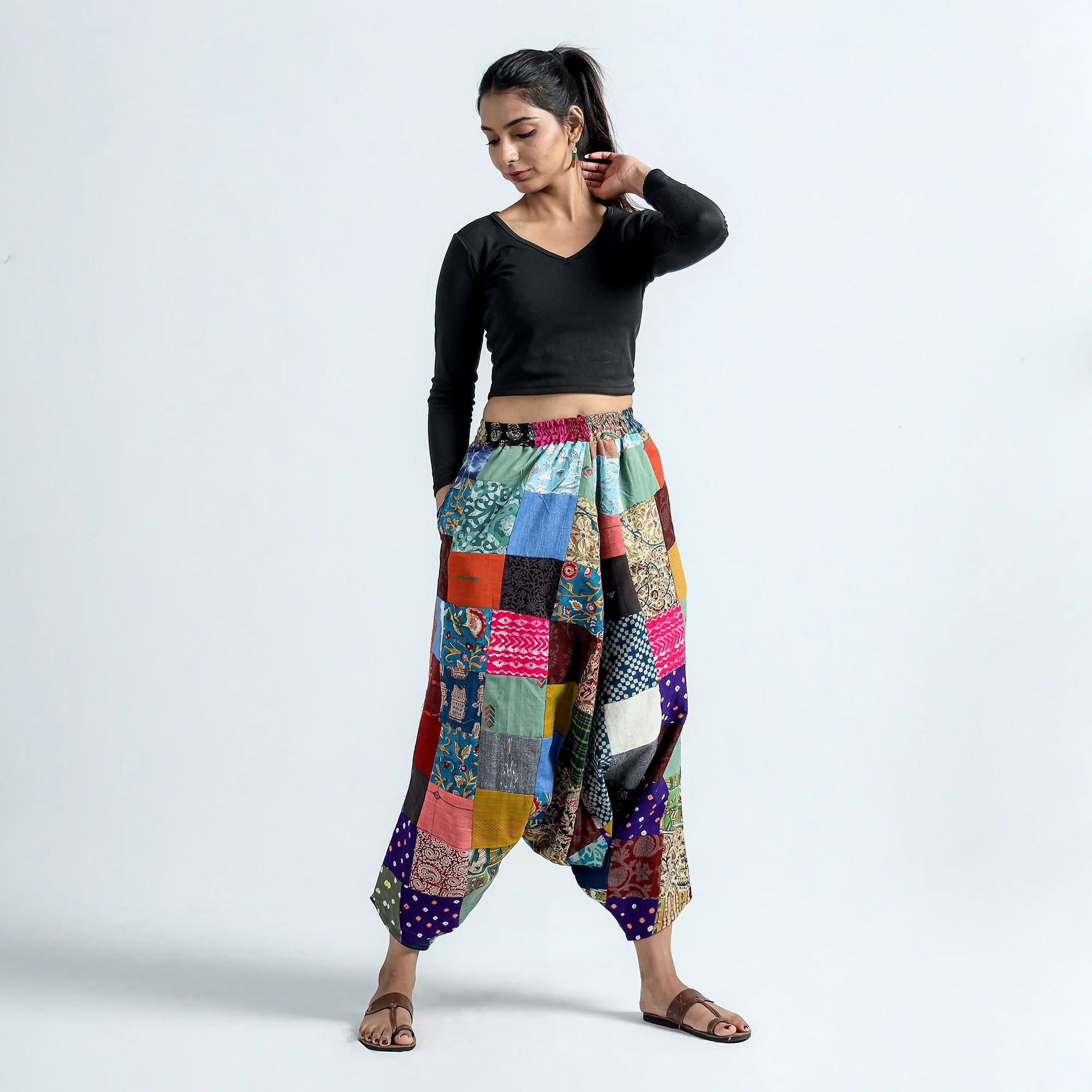 Multicolor - Block Printed Handmade Patchwork Cotton Harem Pant - Image 4