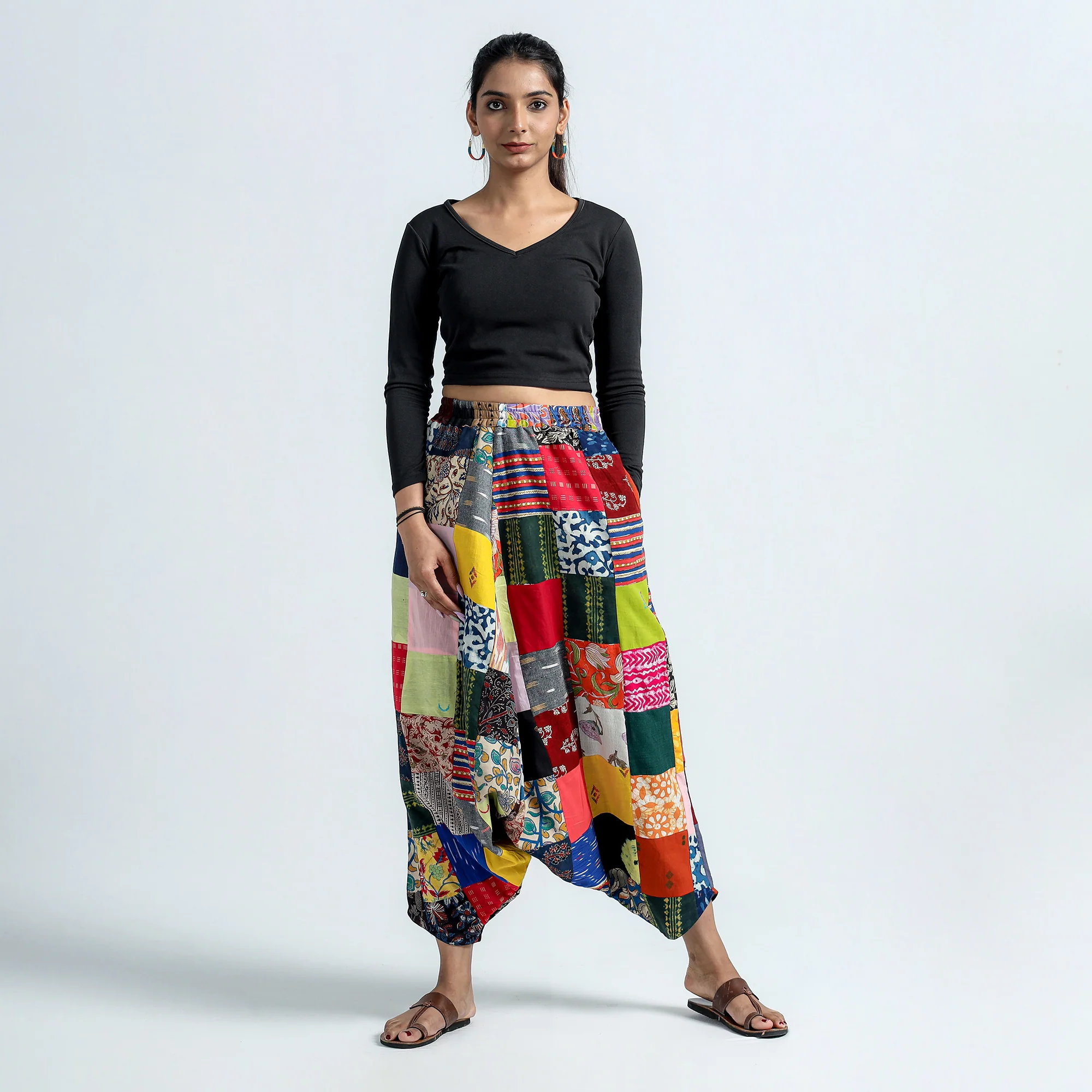 Multicolor - Block Printed Handmade Patchwork Cotton Harem Pant - Image 2