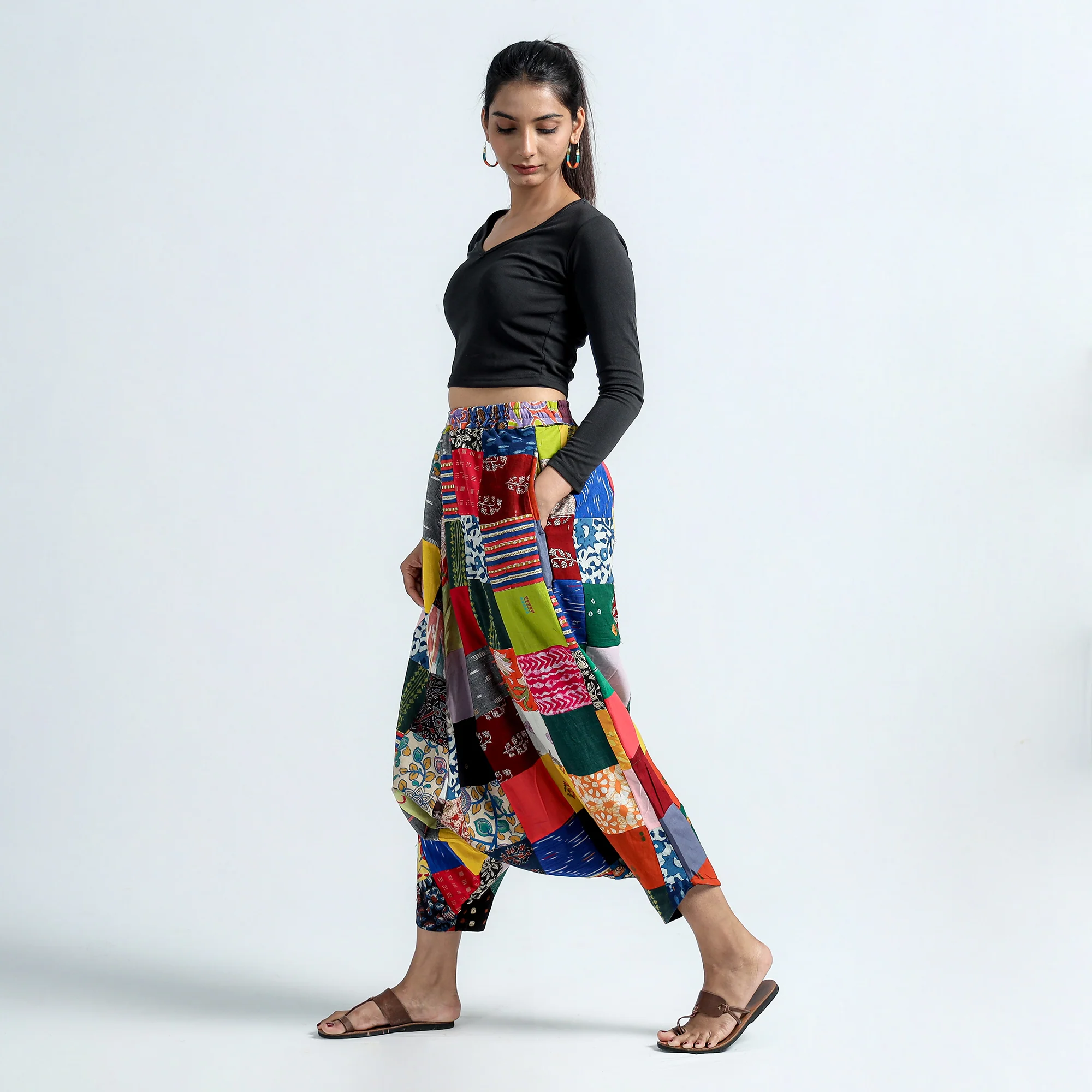 Multicolor - Block Printed Handmade Patchwork Cotton Harem Pant - Image 3