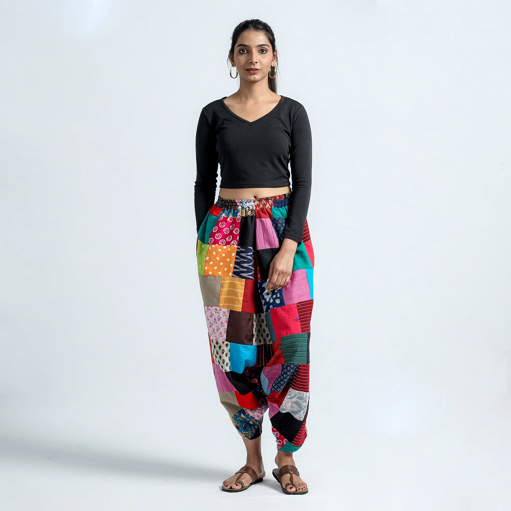 Multicolor - Block Printed Handmade Patchwork Cotton Harem Pant - Image 2