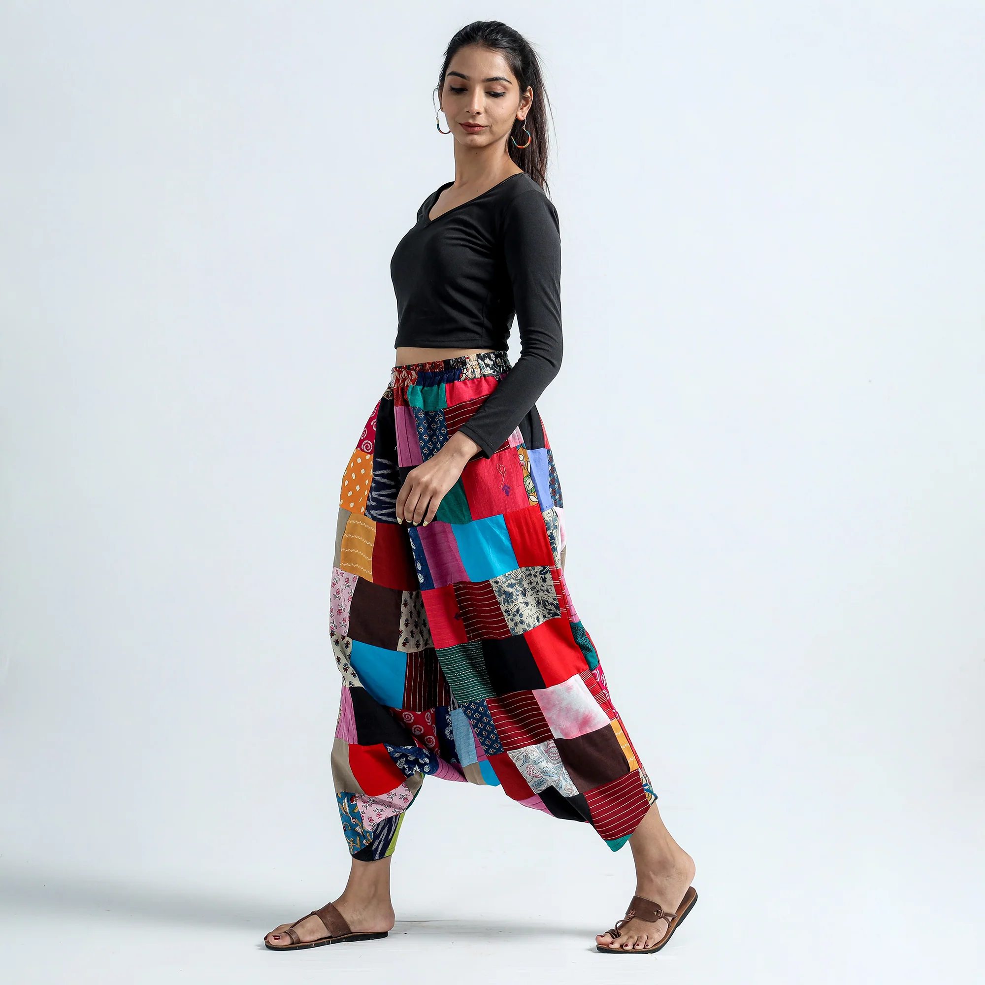 Multicolor - Block Printed Handmade Patchwork Cotton Harem Pant - Image 3