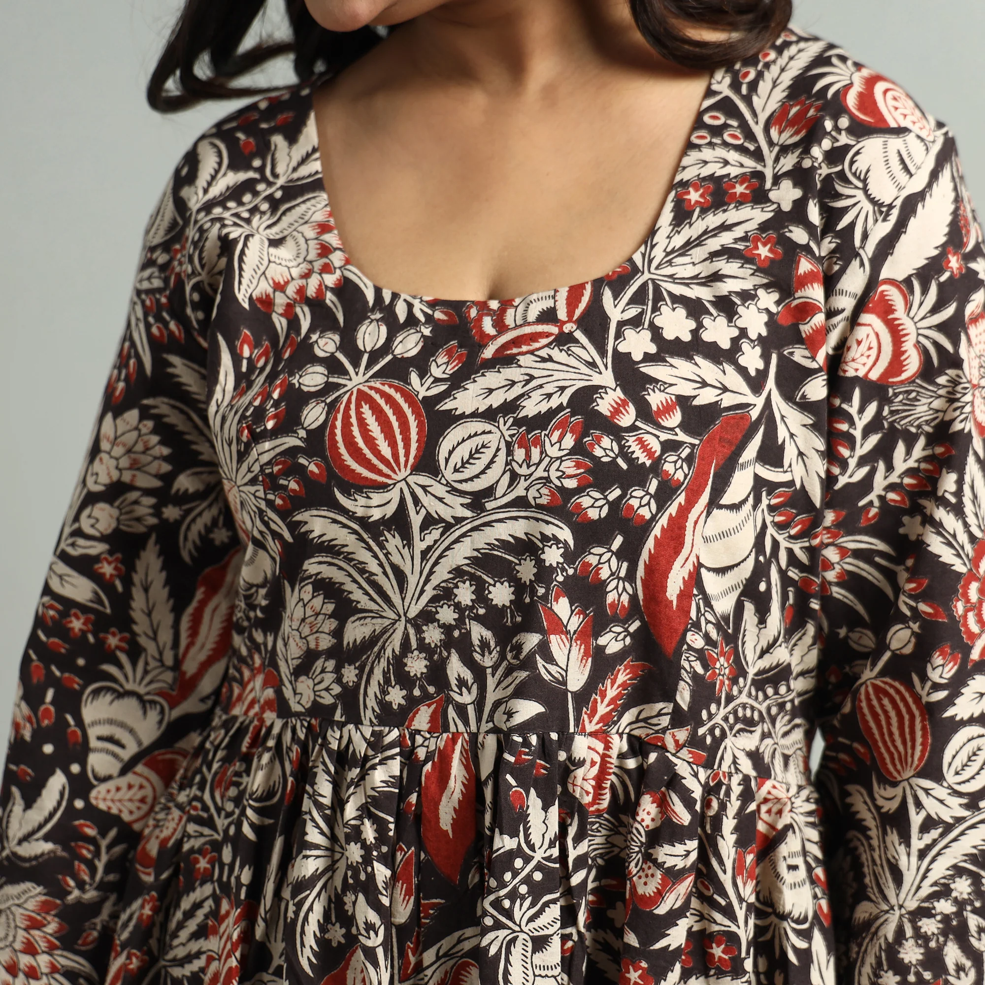 Black - Kalamkari Printed Tiered Cotton Dress - Image 5