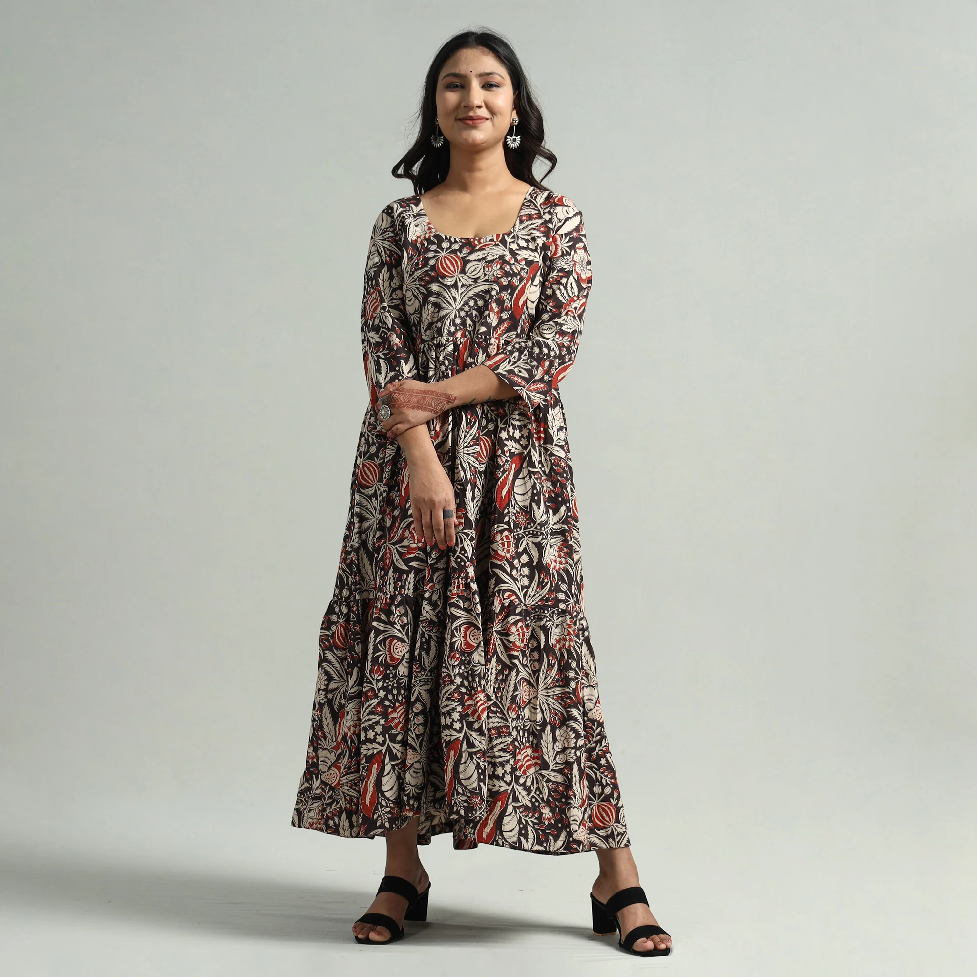 Black - Kalamkari Printed Tiered Cotton Dress - Image 8