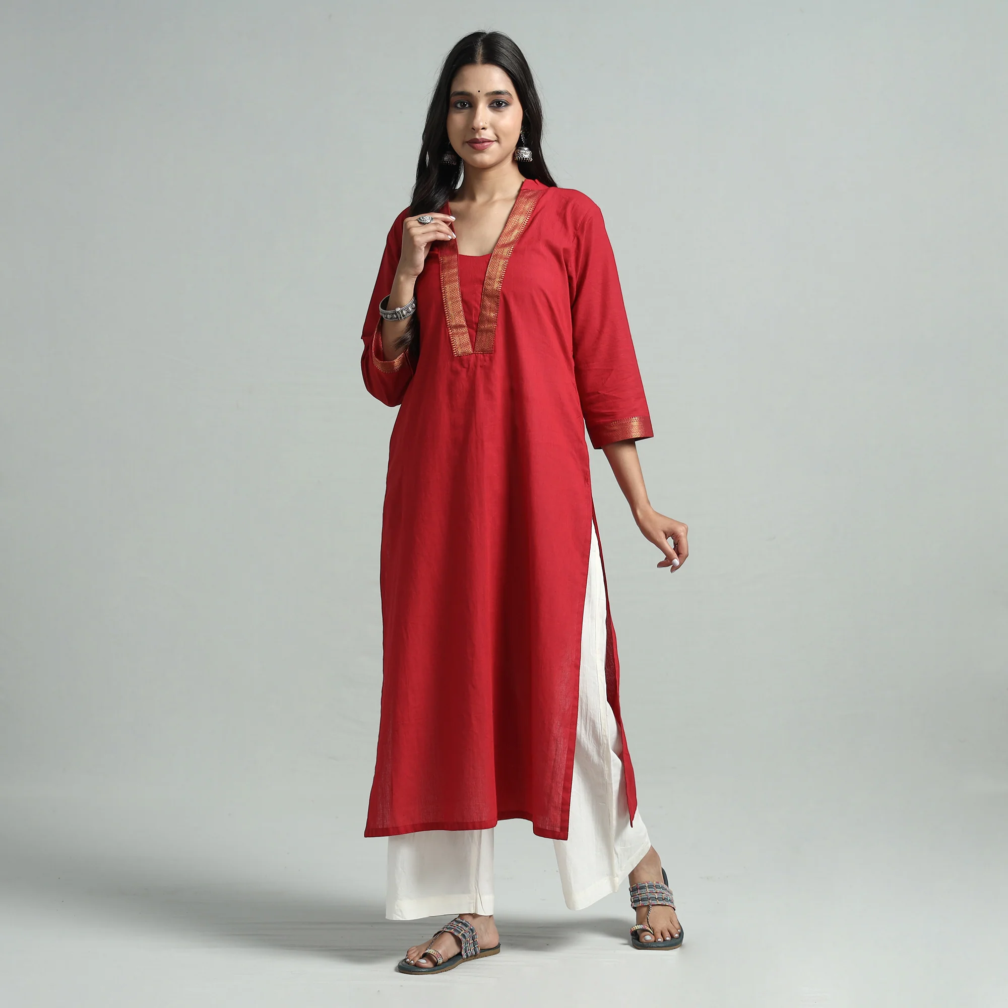 Red - Dharwad Cotton Straight Kurta - Image 2
