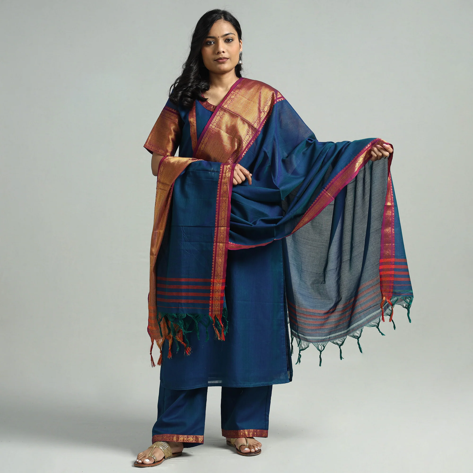 Blue - Dharwad Cotton Kurta with Palazzo & Dupatta Set